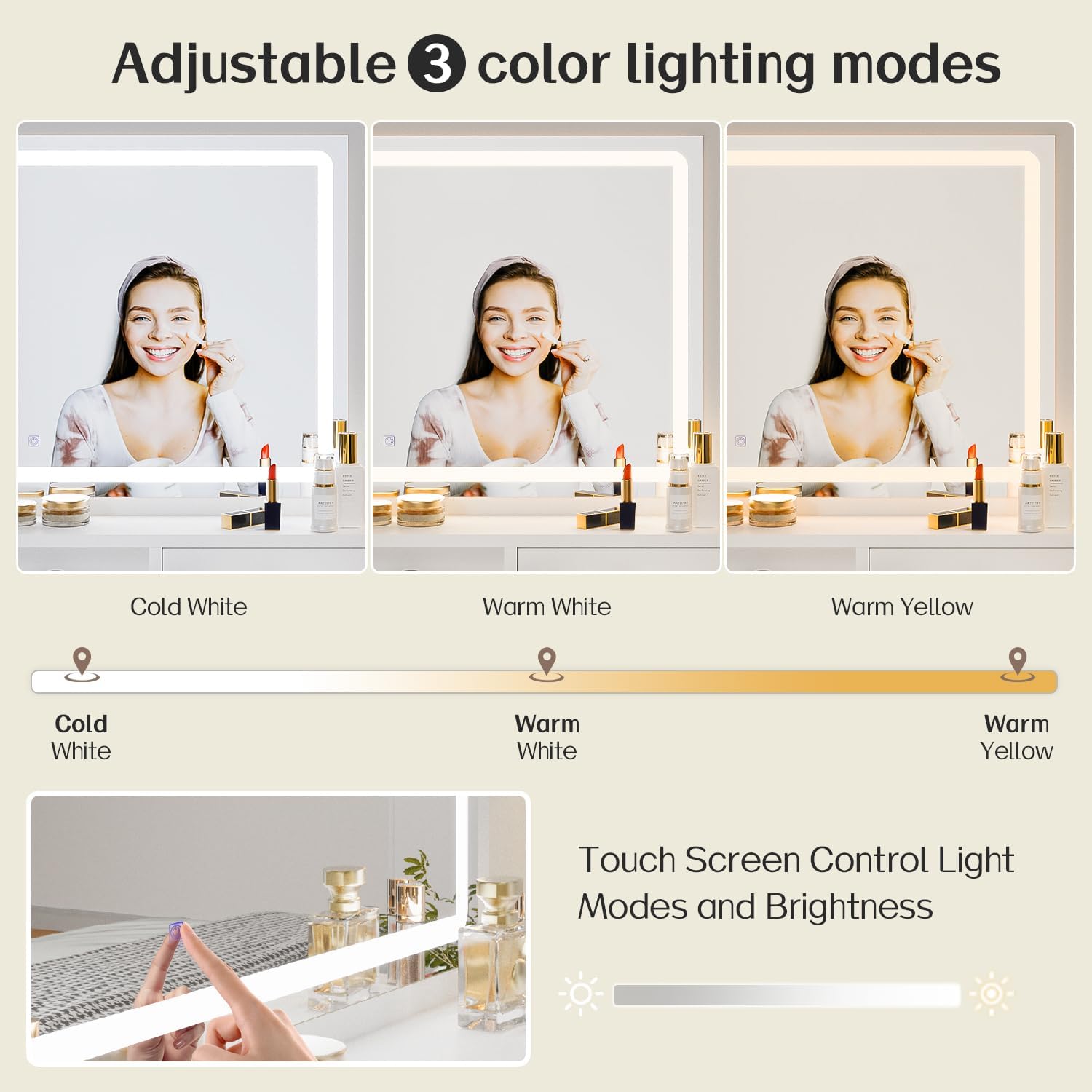 Haewon White Vanity Desk with Mirror and Power Outlet, Makeup Vanity with Adjustable Brightness and 3 Lighting Modes, Dressing Table Set with 4 Drawers, Storage Chair for Bedroom