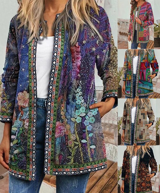 Womens Boho Floral Open Front Jacket Vintage Ethnic Print Long Sleeve Cardigan Trendy Fall Oversized Casual Blazer3