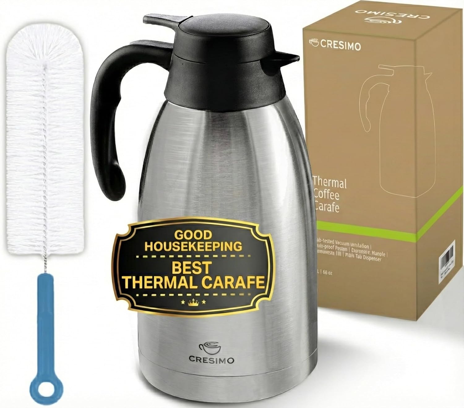 Thermal Coffee Carafe 2L / 68 oz – Updated 2025 Model – Insulated Stainless Steel Coffee Dispenser for Hot & Cold Drinks – 24h Cold / 12h Hot – Coffee Urn & Tea Carafe with Cleaning Brush by Cresimo