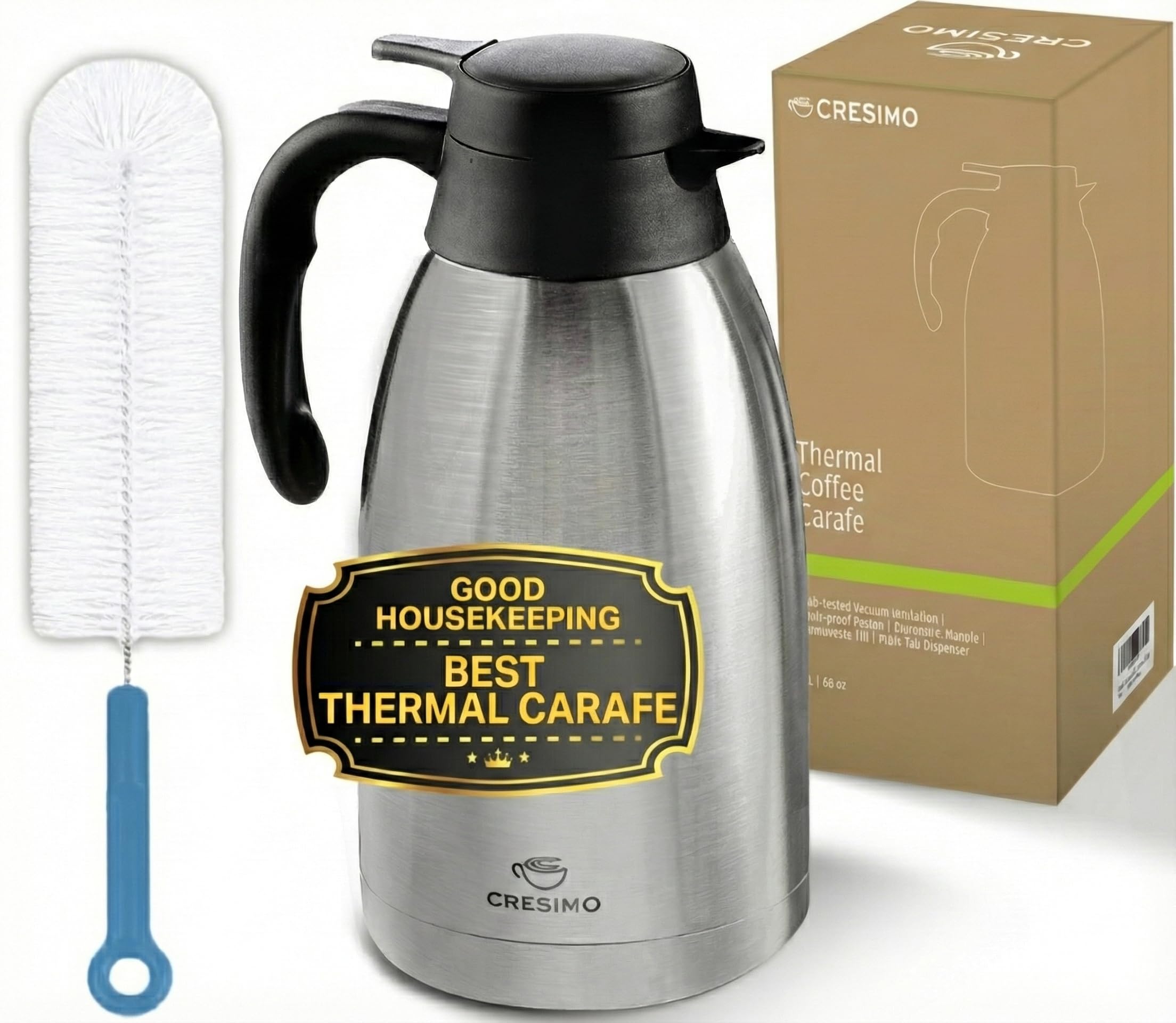 Thermal Coffee Carafe 2L / 68 oz – Updated 2025 Model – Insulated Stainless Steel Coffee Dispenser for Hot & Cold Drinks – 24h Cold / 12h Hot – Coffee Urn & Tea Carafe with Cleaning Brush by Cresimo
