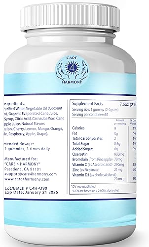 Miniatura 5 de Quercetina Gomitas - Quercetina con bromelina vitamina C + vitamina de zinc D3 - Suplementos masticables de quercetina 900 mg - Quercetina para