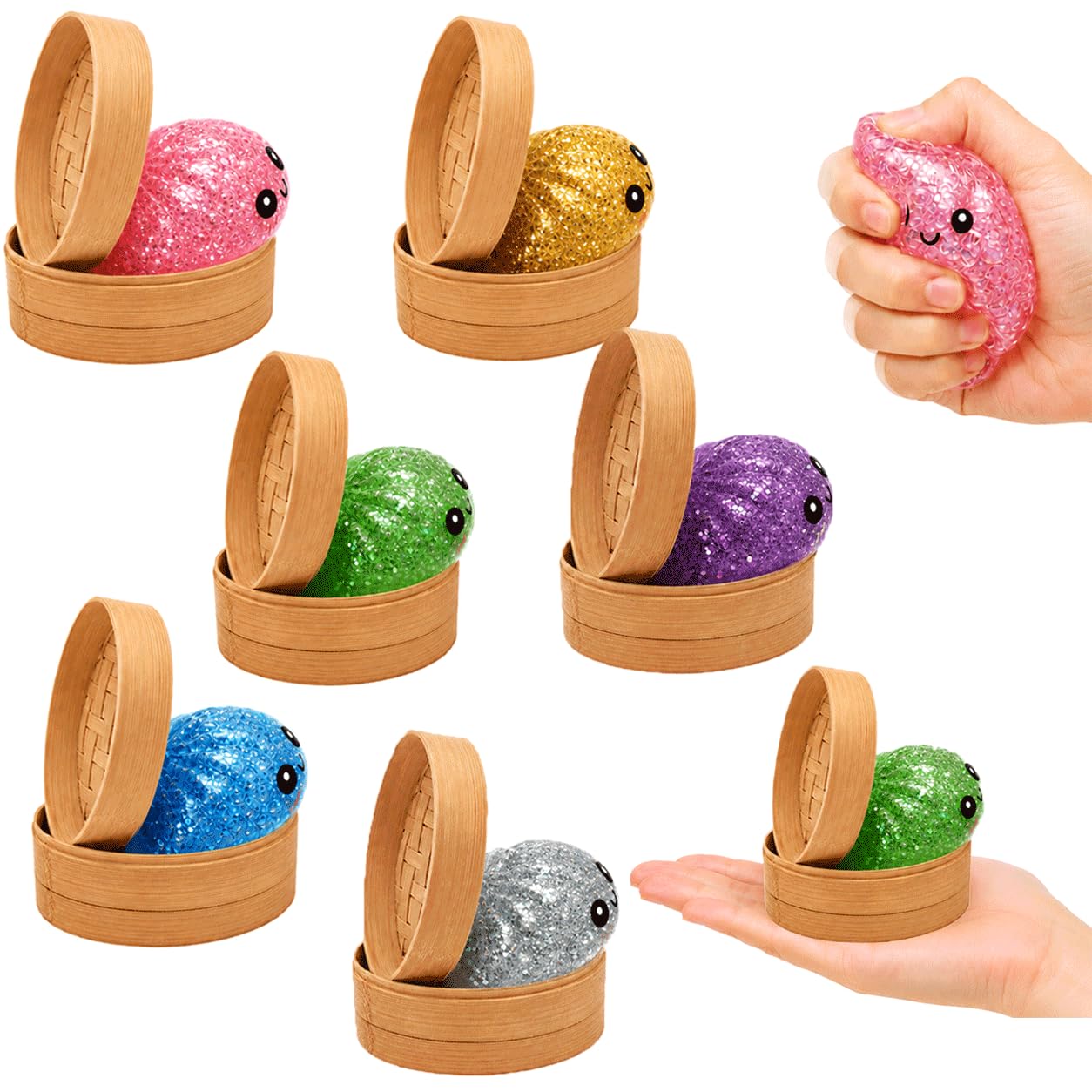 6Pcs Mini Glitter Dumpling Squishy Toy, 2026 New Bao Dumplings Stress Relief Ball with Plastic Steamer Box, Soft Sensory Stress Balls for Adult Home Office