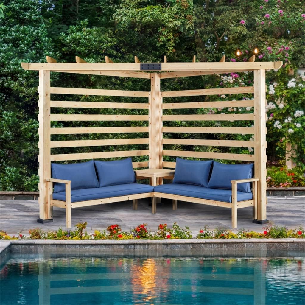 9x9 FT Solid Wood Pergola with Corner Seating and Table, Outdoor Patio with Cushioned Sofa