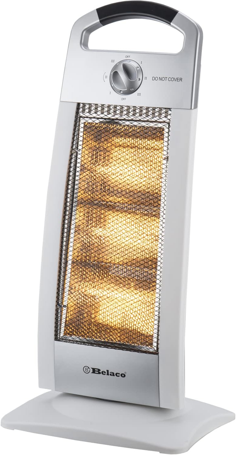 Belaco 1200W Upgraded Halogen Heater with Oscillation, Portable Electric Room Heater for Home & Office, 3 Heat Settings 400W/800W/1200W, Tip-Over Safety Switch, Carry Handle - Silver
