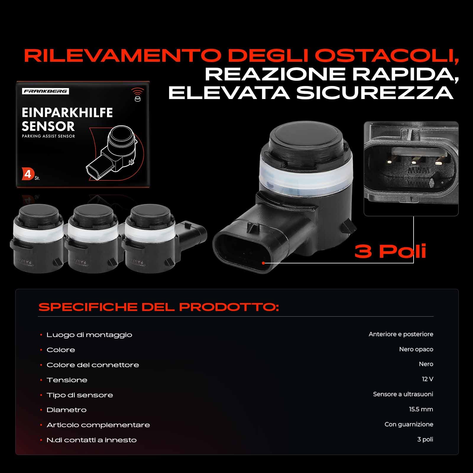 Frankberg 4x Sensori di Parcheggio PDC Compatibile con P.a.s.s.a.t Variante 3G5 CB5 UP! 121 122 123 BL1 BL2 BL3 O.c.t.a.v.i.a III Combi 5E5 5E6 Golf VII 5G1 BE1 BE2 BQ1 66209274427