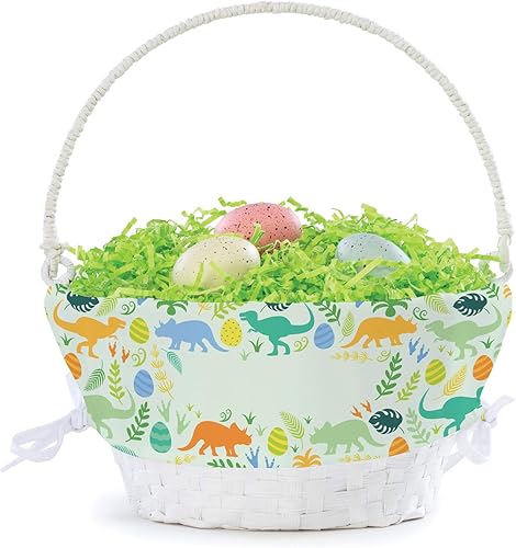 Miniatura 4 de Cesta de huevo de Pascua personalizada con patrón de dinosaurio con asa y nombre personalizado, forros de canasta de Pascua verdes, canasta blanca,