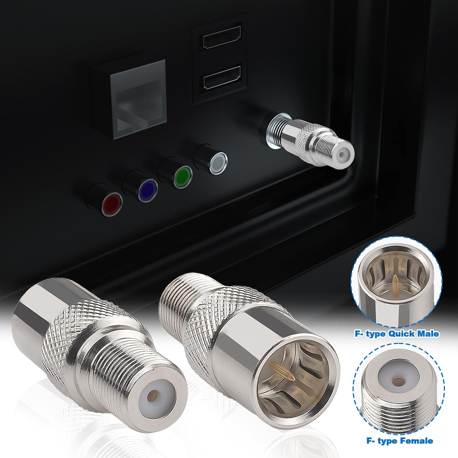 Coax Quick Connector Quick Push On Male to F Female Adapter F Type Male to Female Extender Push on Connector for RG6 Coaxial Cable,Antenna, RVs, Satellite Receiver and Camping TV Connection Pack of 2