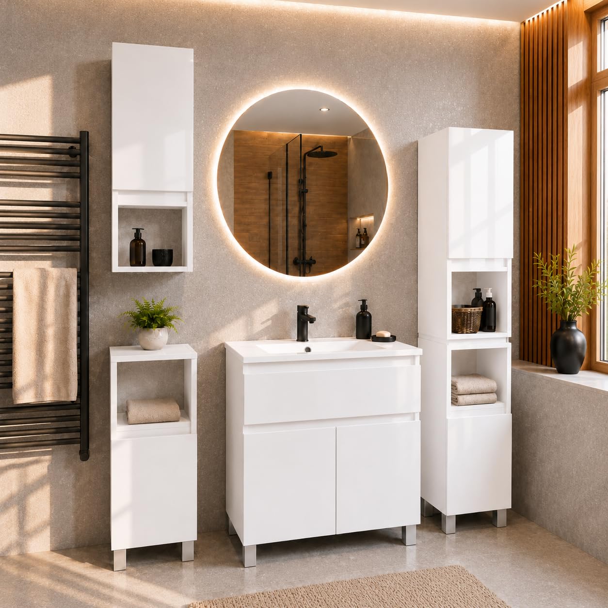 Badezimmerschrank Stehend Ariza, Hochglanz Weiß, MDF 18 mm, Soft-Close Türen, 6 Regale, 161 x 28 x 25 cm, Midischrank, Gäste WC & Bad für Kosmetik, Hängend, Links rechts