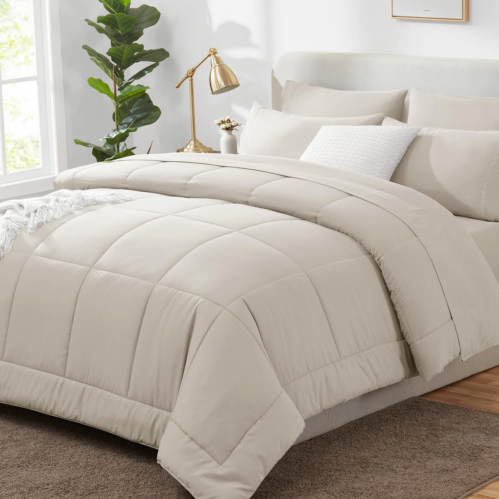 CozyLux King Size Comforter Set Beige, 7 Pieces Bed in a Bag, Beige Comforter King Size, All Season Bedding Sets with Stitch Quilted Comforter, Flat Sheet, Fitted Sheet, Pillowcases