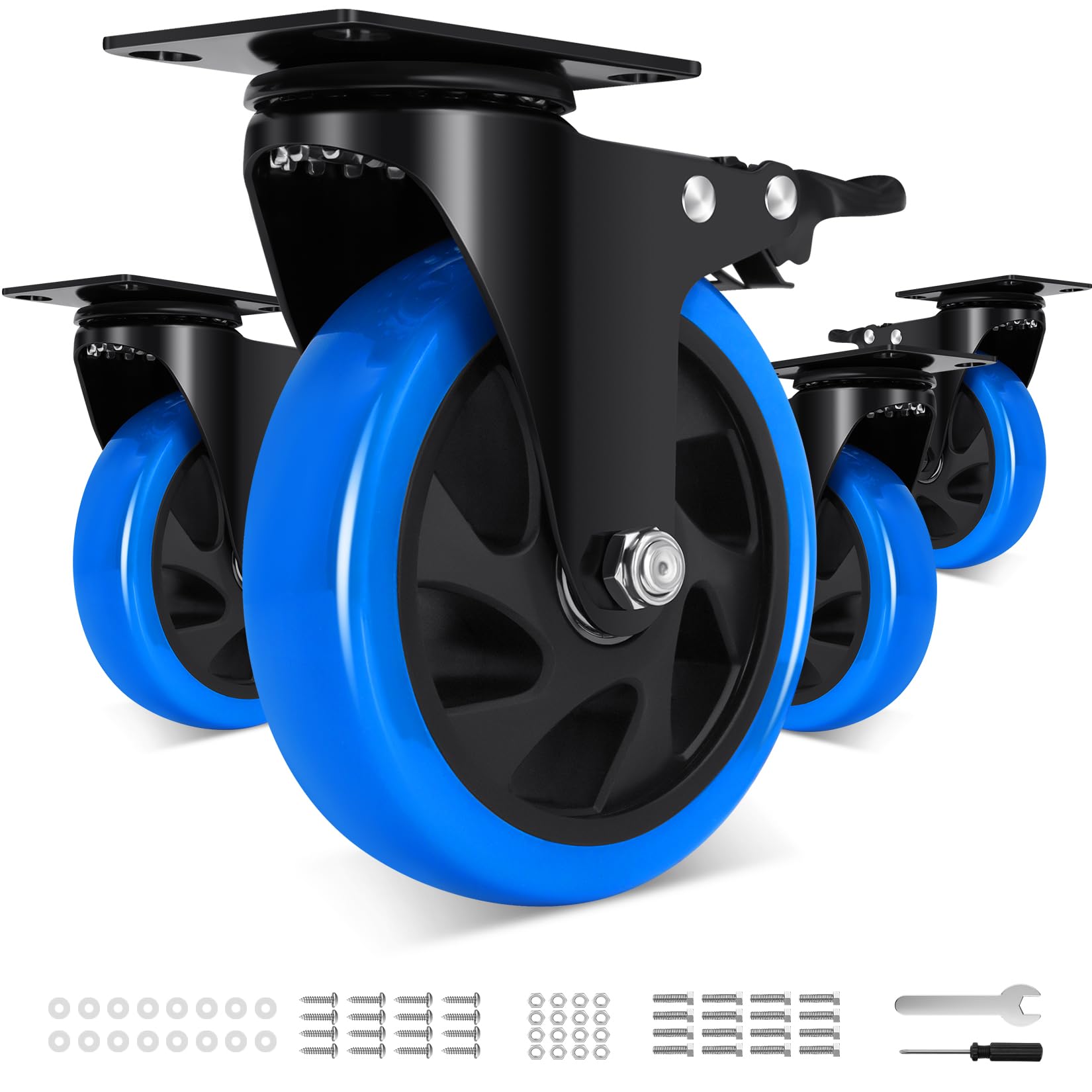 Humagineer Heavy Duty 125mm Castor Wheels with 4 Brakes, Premium PU Non-Marking Castors for Furniture, Set of 4 - Supports 1000kg, Smooth Swivel Trolley Wheels for Cart, Industrial, Indoor/Outdoor Use