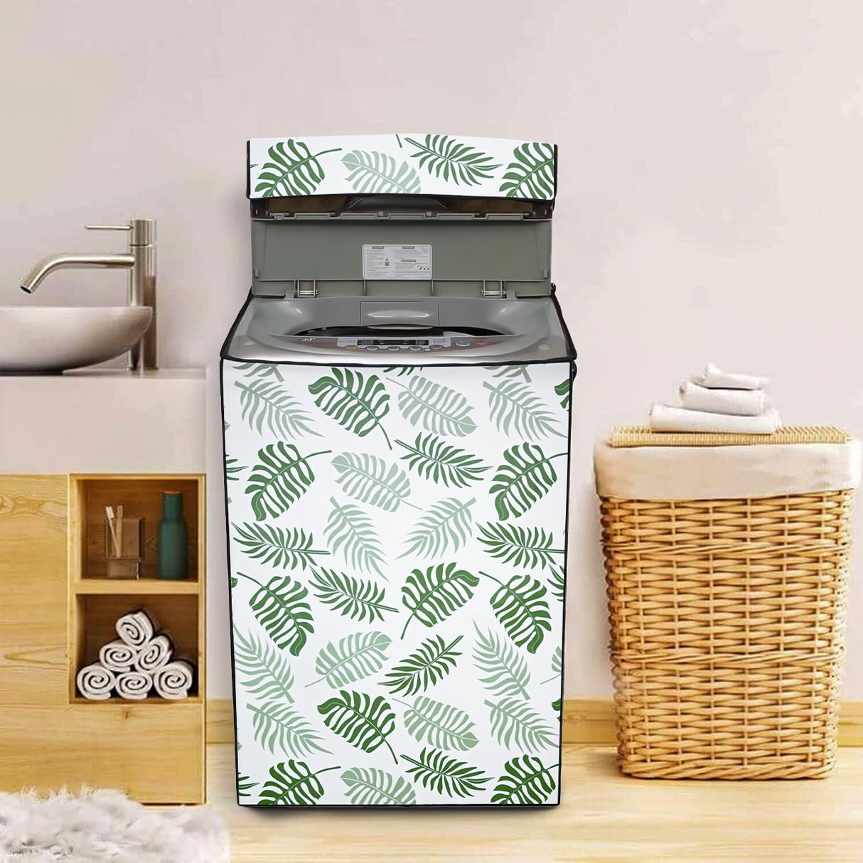 LG Top Load Washing Machine Cover for 6 kg, 6.2 Kg, 6.5 Kg, 7 Kg (58 X 58 X 88 cm) | Waterproof & Dust-Proof Top Loading Fully Automatic Washing Machine Cover for LG, (Green Leaf)