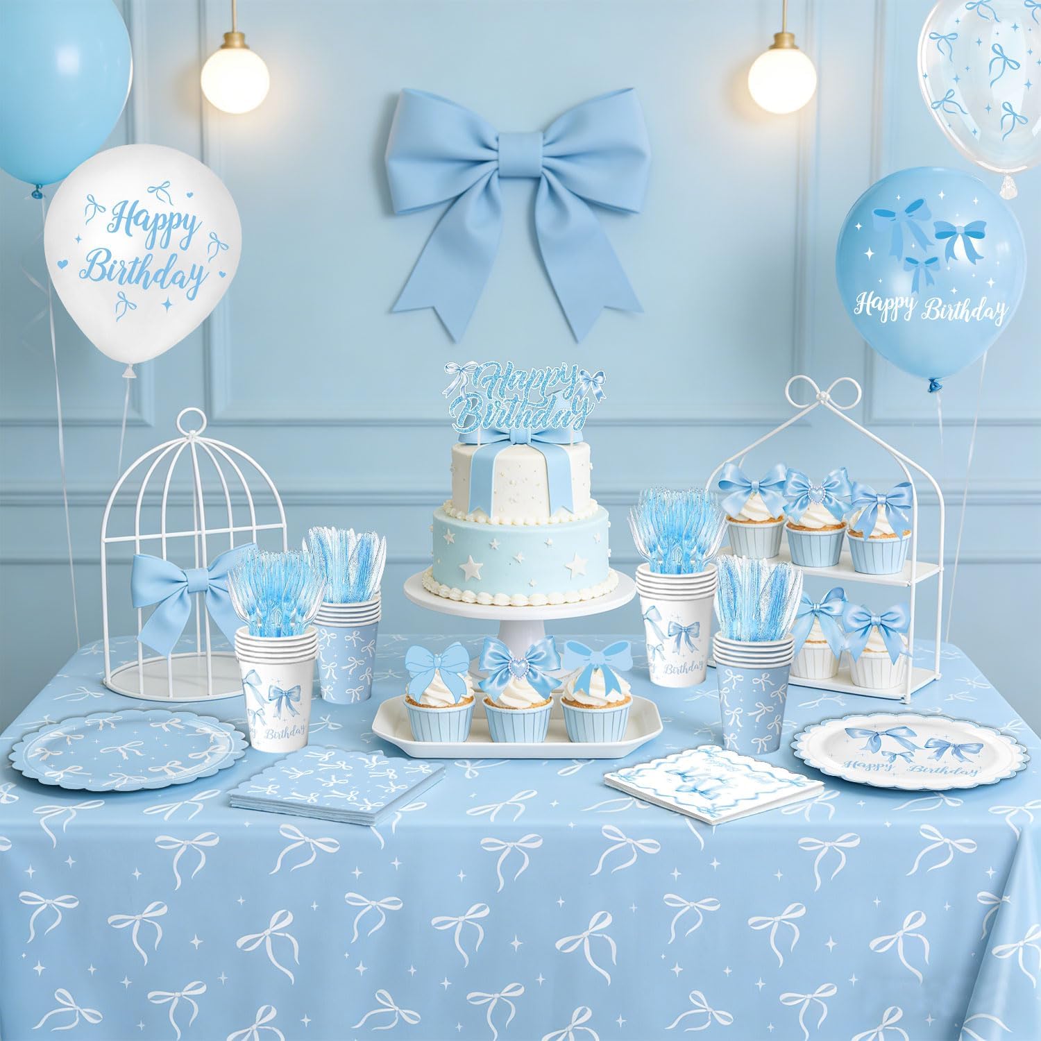 Blue Bow Birthday Decorations Set Includes Plates, Napkins, Cups, Cutlery, Banner, Hanging Swirls, Cake & Cupcake Toppers, Honeycomb Centerpieces, Balloons, Tablecloths for Coquette Party Decorations