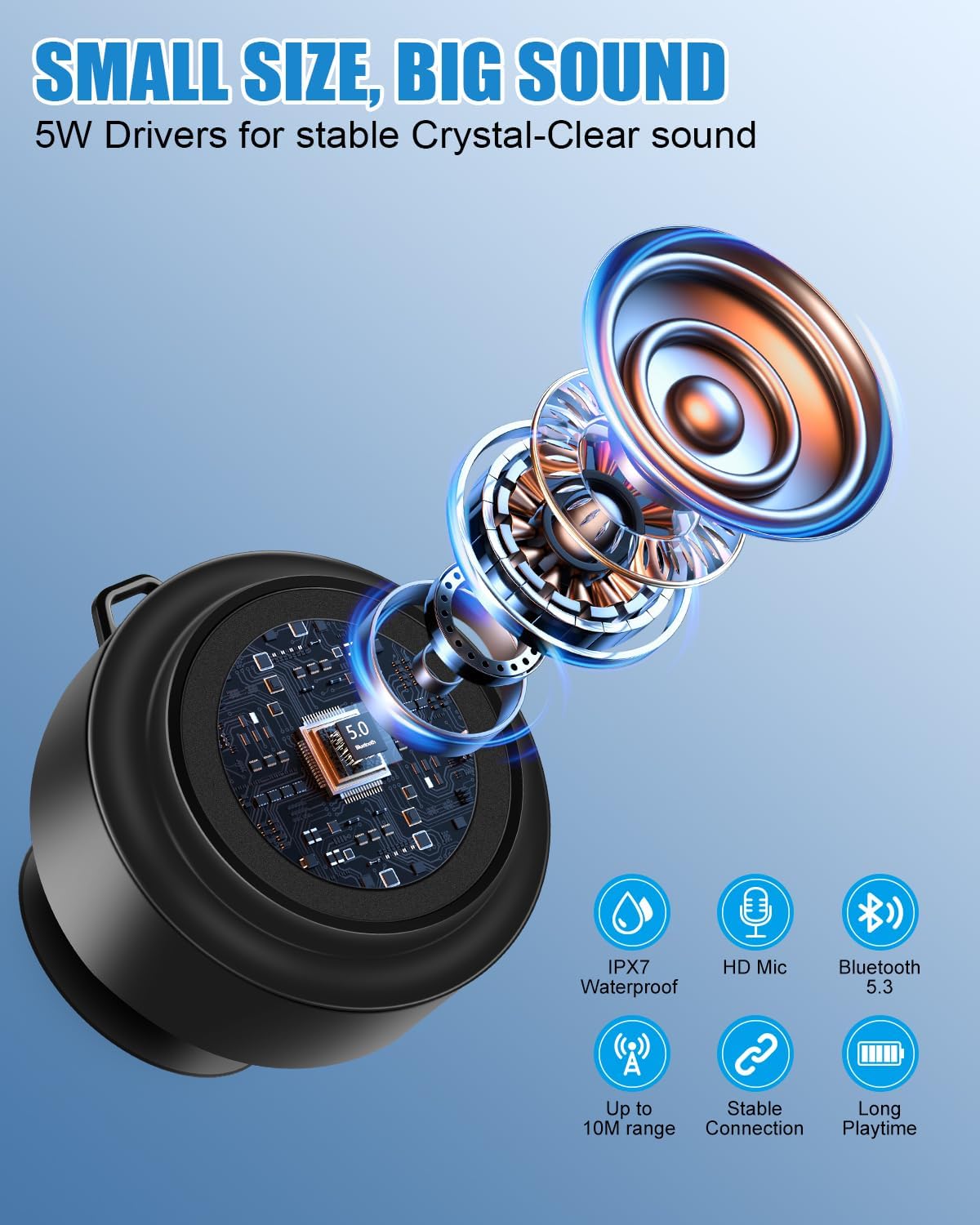 Shower Speaker Bluetooth Waterproof, Portable Mini Bluetooth Shower Speakers Waterproof with Suction Up and Clip, IPX7 Waterproof Floating Bathroom Speaker for Pool Beach Kayak, Beach Gifts（Black - Image 5