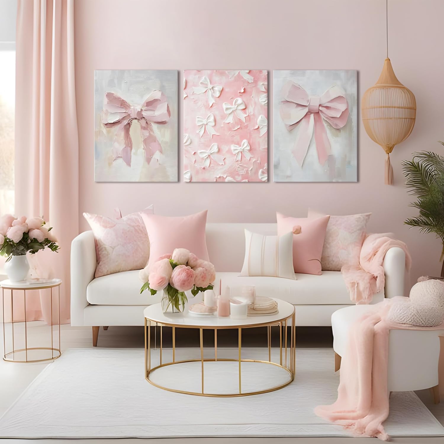 Pink Bow Canvas Wall Art Set of 3 Coquette Oil Painting Cute Bow Posters Wall Decor Trendy Preppy Print Picture for Back to School Bedroom Bathroom College Dorm 16x24 In Framed