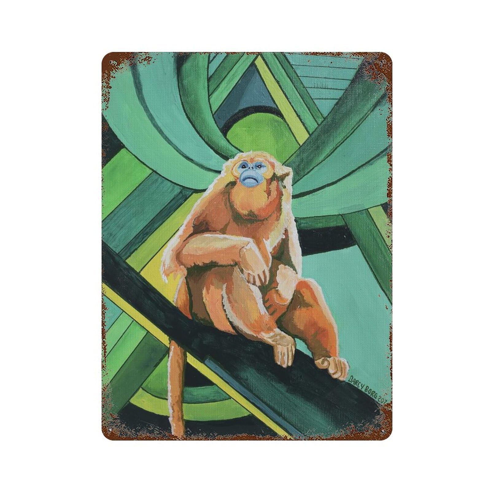 Vintage Metal Tin Sign with Golden Snubbed Nose Monkey Design 15.7"x11.8", for Patio, Garden Room And Bar Decor, Novelty Wall Decor
