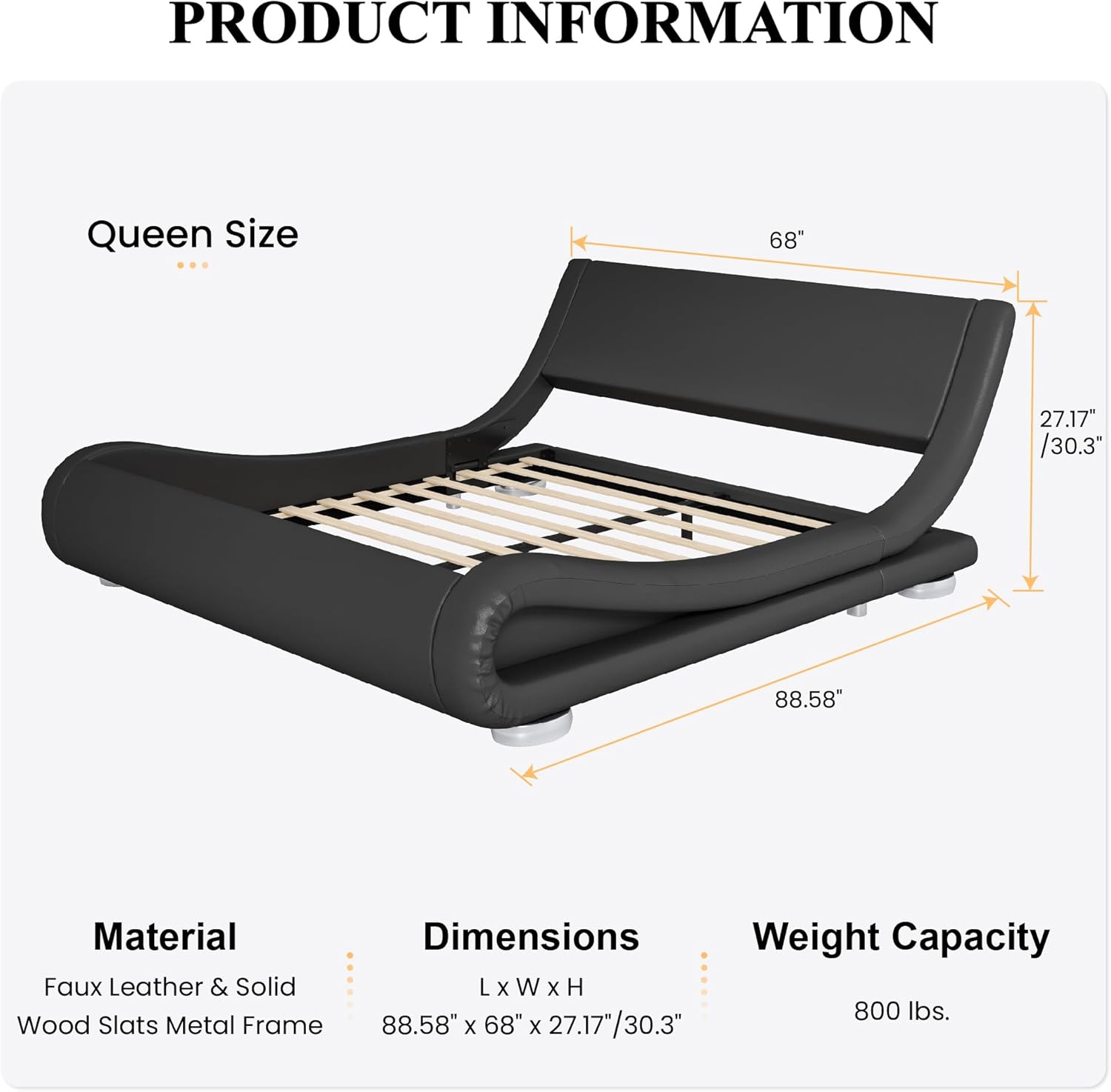 SHA CERLIN Queen Size Upholstered Bed Frame, Deluxe Low Profile Sleigh Bed with Faux Leather Ergonomics Headboard, No Box Spring Needed & Easy Assembly, Black