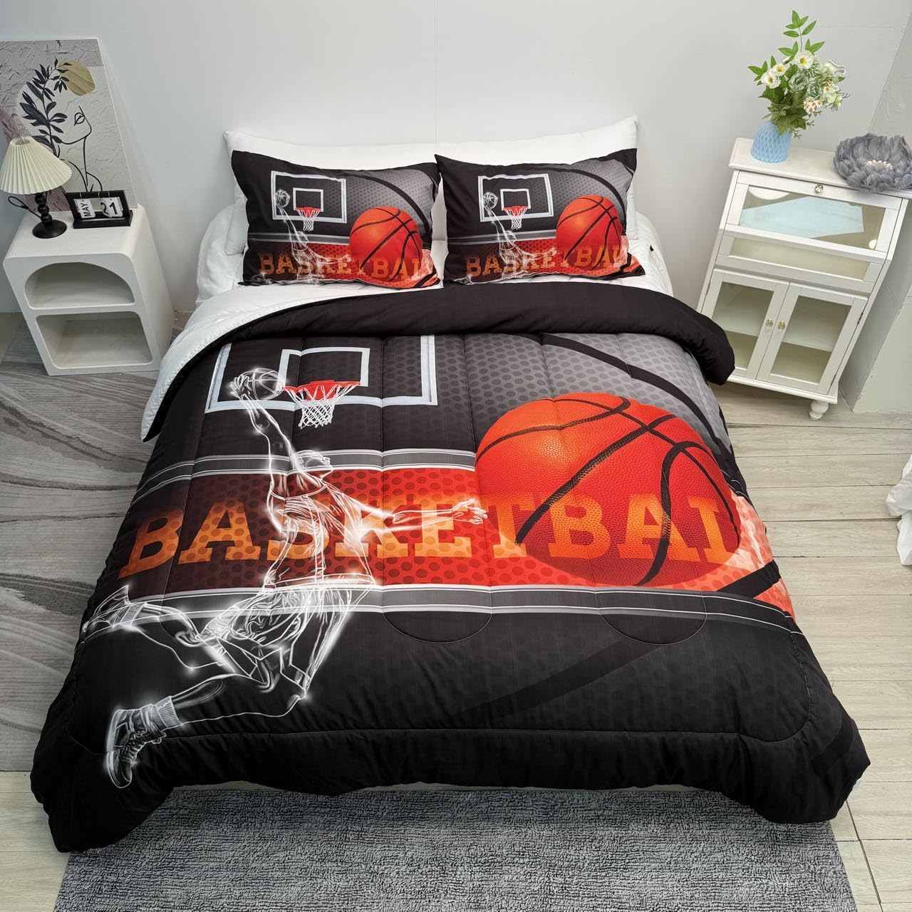 AILONEN Bedding Set, Queen 3D Basketball Comforter Set for Boys Kids Teen, Microfiber, 1 Comforter + 2 Pillowcases