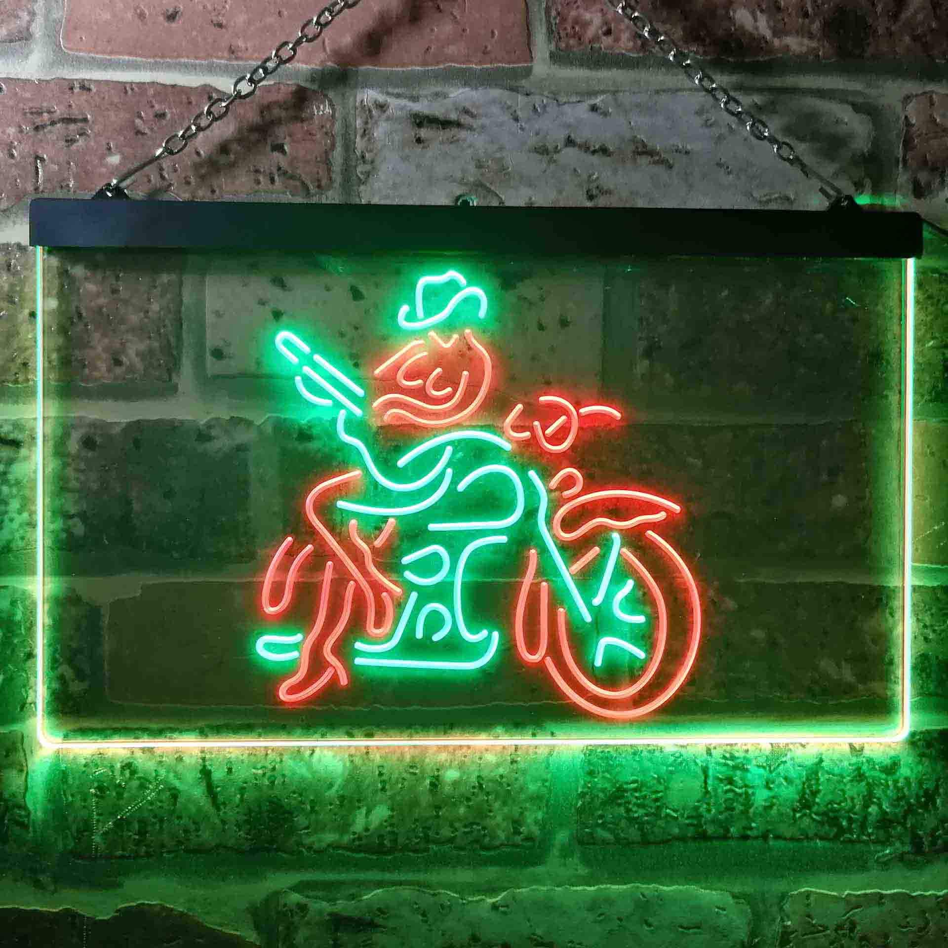 ADVPRO Cowgirl Motorrad-Garage Neon-Schild – Dualfarbig LED Leuchtreklame 40x30 Cm In Grün & Gelb