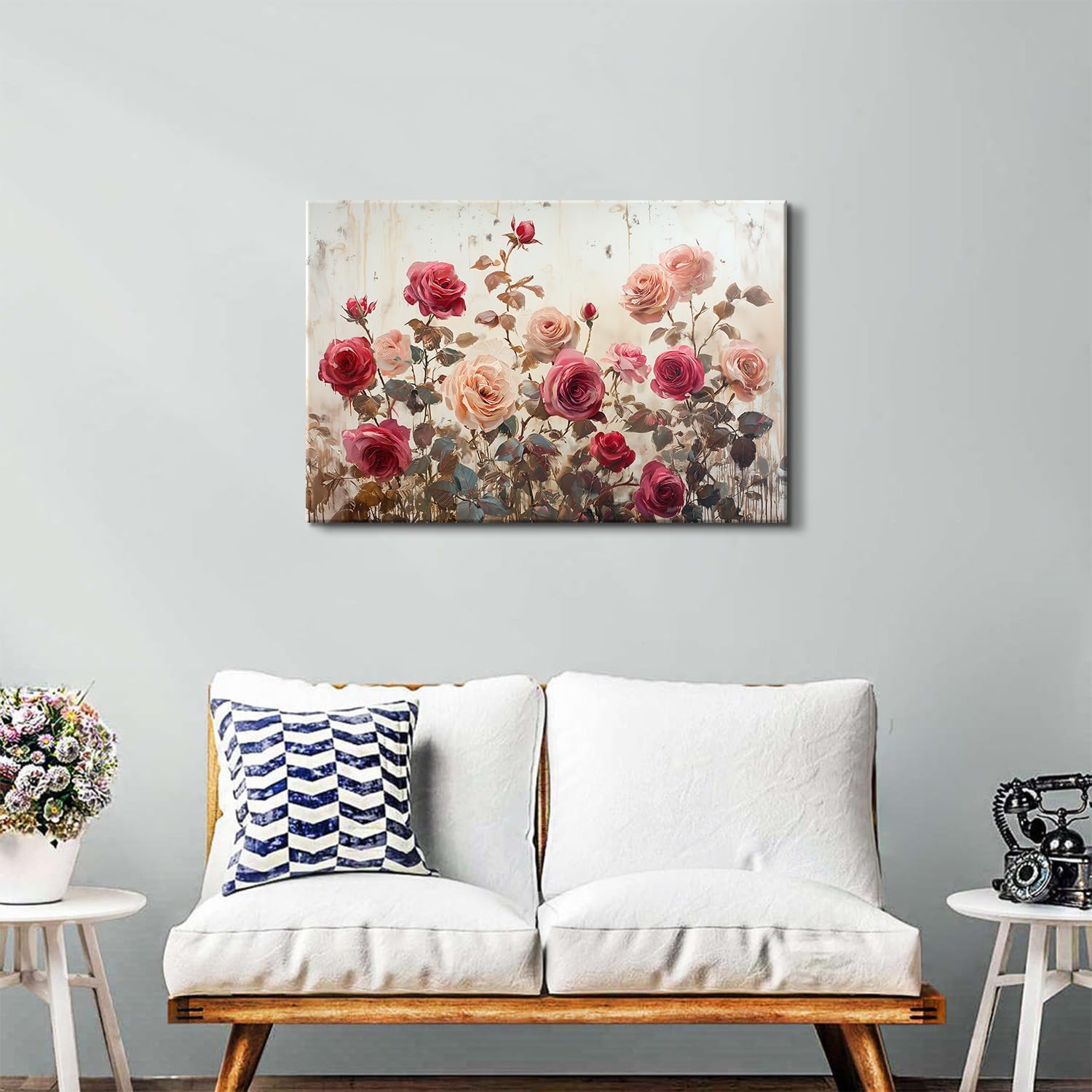 Large Pink Wall Decor for Bedroom Wall Art Retro Rose Flower Canvas Pictures for Living Room Decor Rustic Blossom Roses Floral Painting Modern Farmhouse Artwork for Bathroom Home Decoration 24x36"
