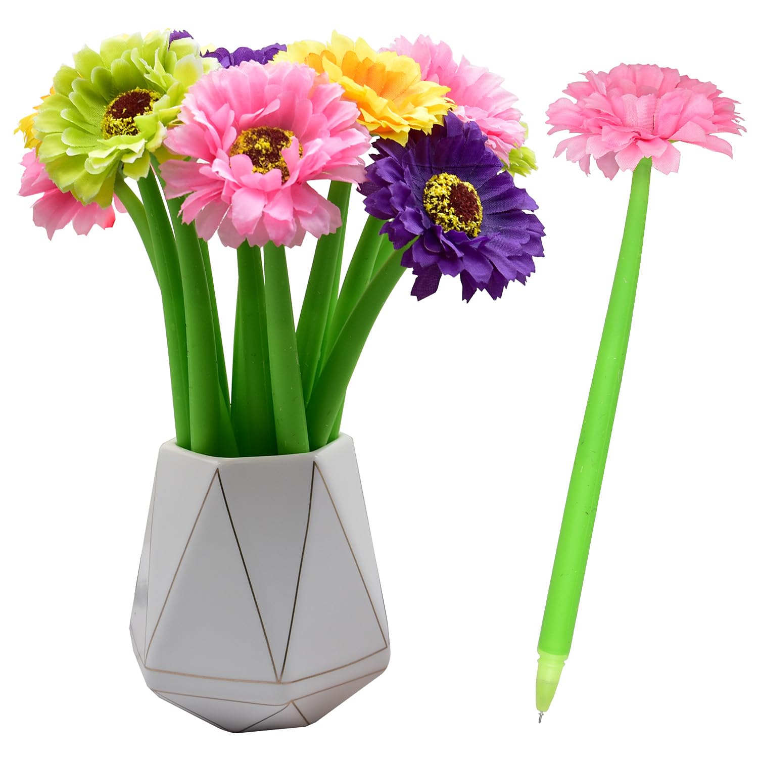 CosyCaya Blumenstifte – 24 Stück, 0,5 Mm, Schwarze Tinte, Mit Kunstblumen (Rose, Gänseblümchen Etc.) – Für Büro & Party