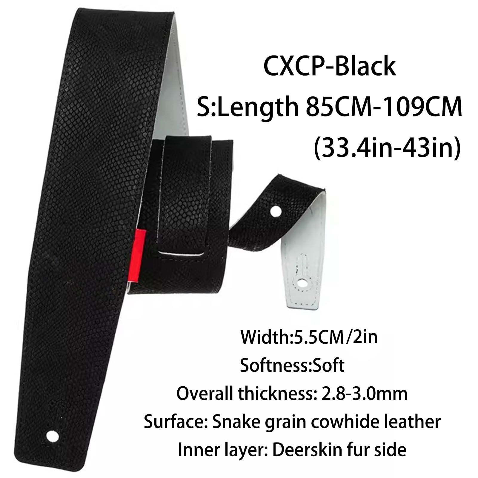 Correa De Guitarra Longitud Ajustable de Cuero de Vaca de Grano de Serpiente de 2 "para bajo, Guitarra eléctrica y acústica(85-109cm*5.5cm)