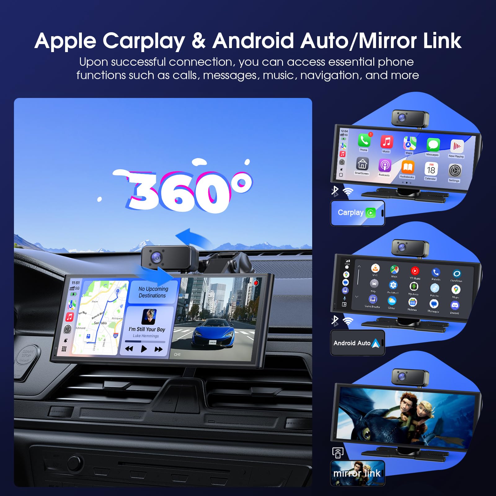 Avylet 10, 26" Carplay Auto con Schermo da 60 FPS, Android Auto con 3 Telecamere (Front Dash Cam, Rear, Internal), CarPlay Portatile con Navigazione OTA/GPS/Mirror Link/Controllo Vocale/Bluetooth/AUX