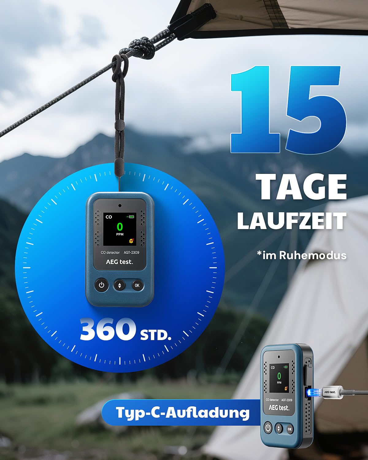 AGT-2309 Kohlenmonoxidmelder, 15 Tage Standby, Wiederaufladbarer Mini-CO-Monitor mit Umhängeband für Reisen & Camping, Handliches CO-Messgerät mit akustischen & visuellen, 0–1000 ppm – Blau