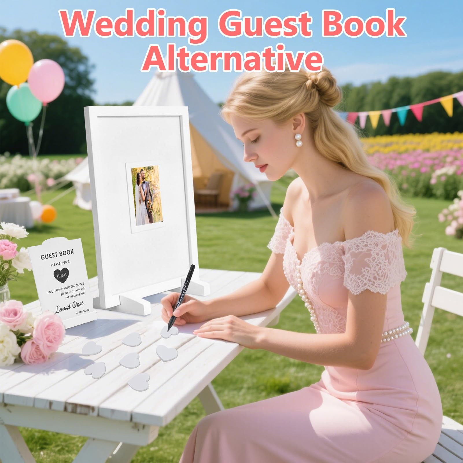 Gugxiom Libro degli ospiti alternativo per matrimonio, cornice in legno per album con oltre 90 cuori, libro degli ospiti alternativo per matrimonio, festa di nascita, anniversario, compleanno (Bianco)