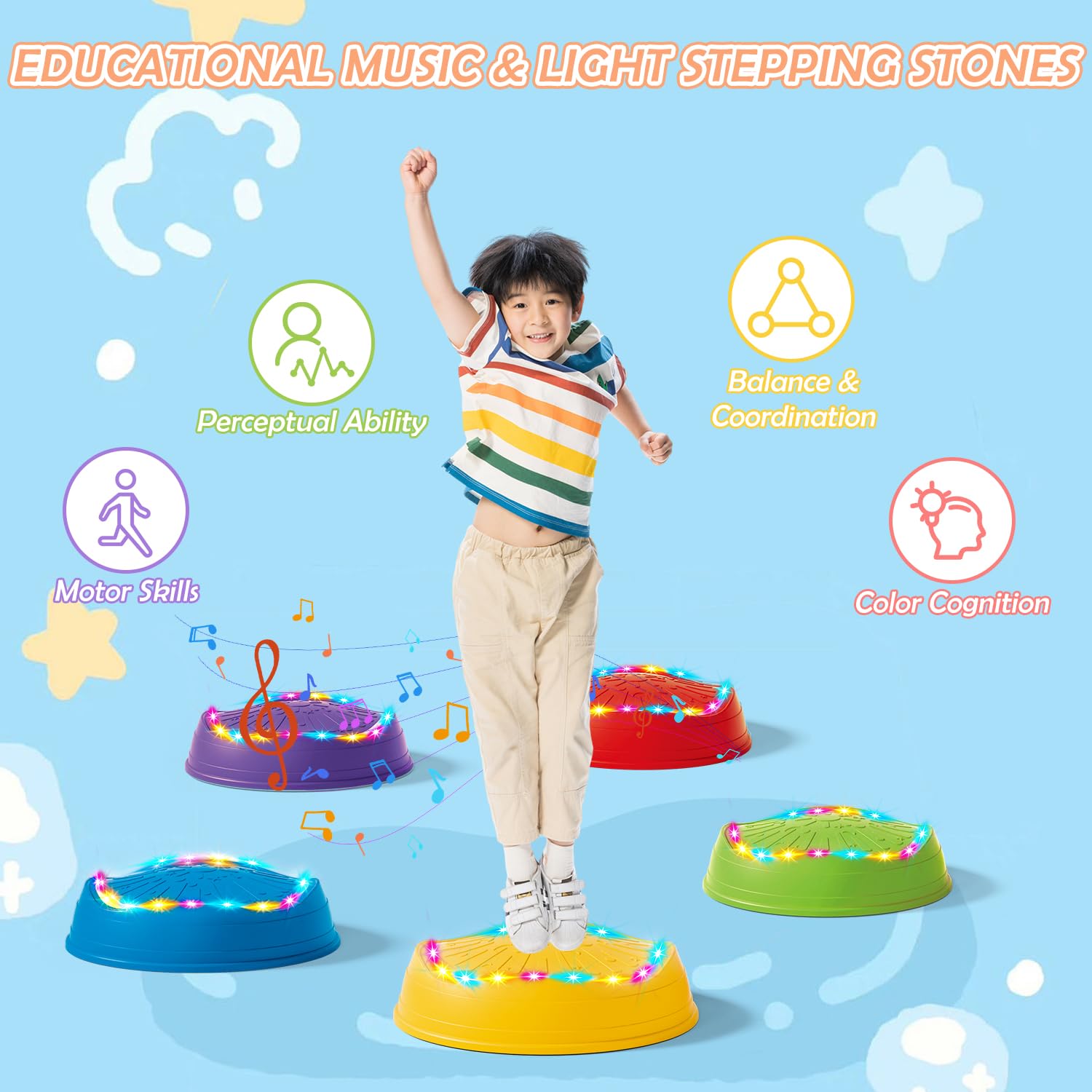 Leuchtende Balanciersteine für Kinder mit Musik - 5er Stapelbar Rutschfest Stapelsteine für Indoor & Outdoor Sensorik Trittsteine Gleichgewichtstrainer ab 3 Jahre