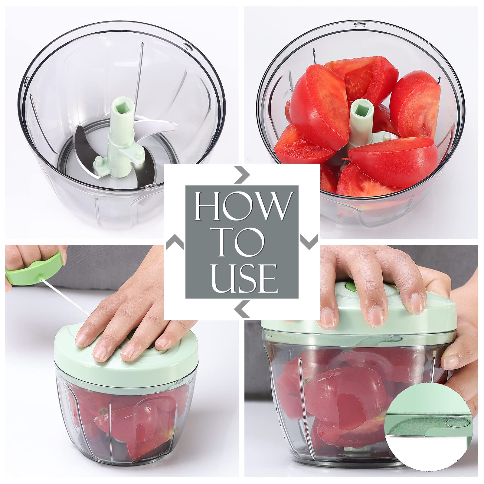 Ourokhome Picador de ajo, picador de cebolla, procesador manual de alimentos, cortador de verduras de velocidad portátil para verduras, jengibre, frutas, frutos secos, hierbas, etc., 650 ml, verde
