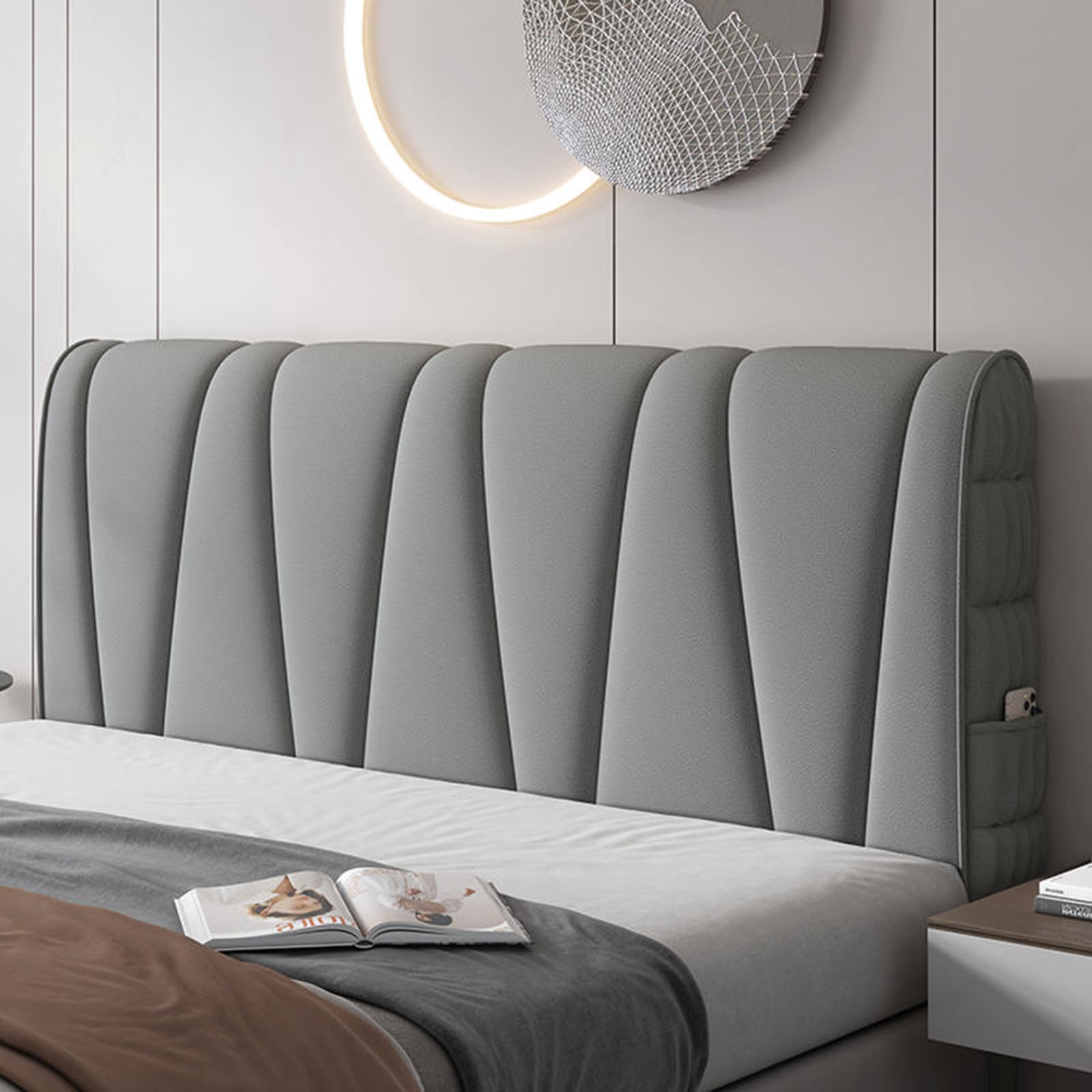 Housse de tête de lit capitonnée moderne en cuir/bois - Tissu confortable et résistant à la poussière - Pour lit double/king size - 200 cm - Gris - Élégante protection du dossier et décoration pour