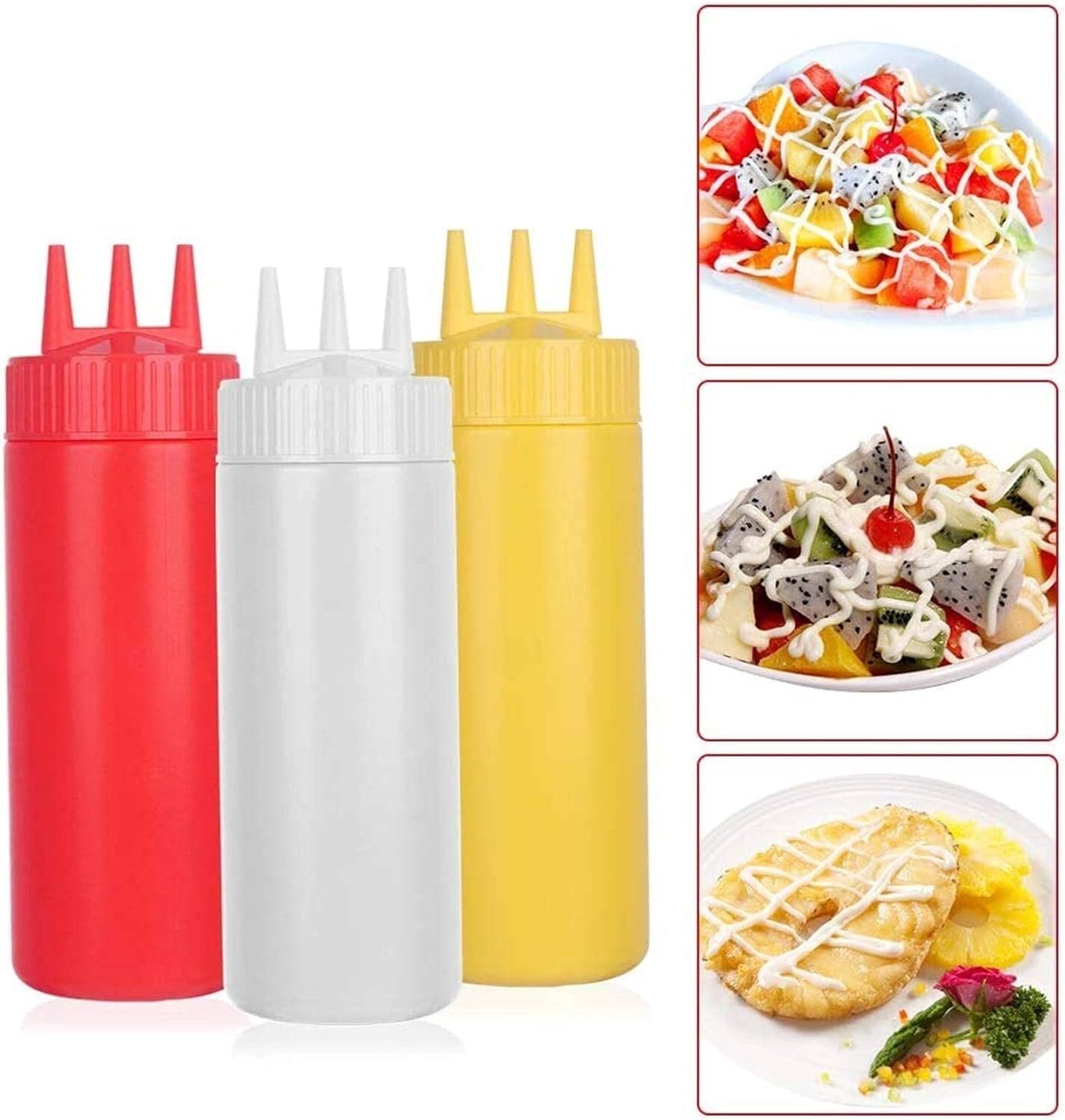Squeeze Bottle Ketchup Squeeze Bottle Plastic Condiment Squirt Bottles3 Hole Dispensing Bottles Dinnerware(White)