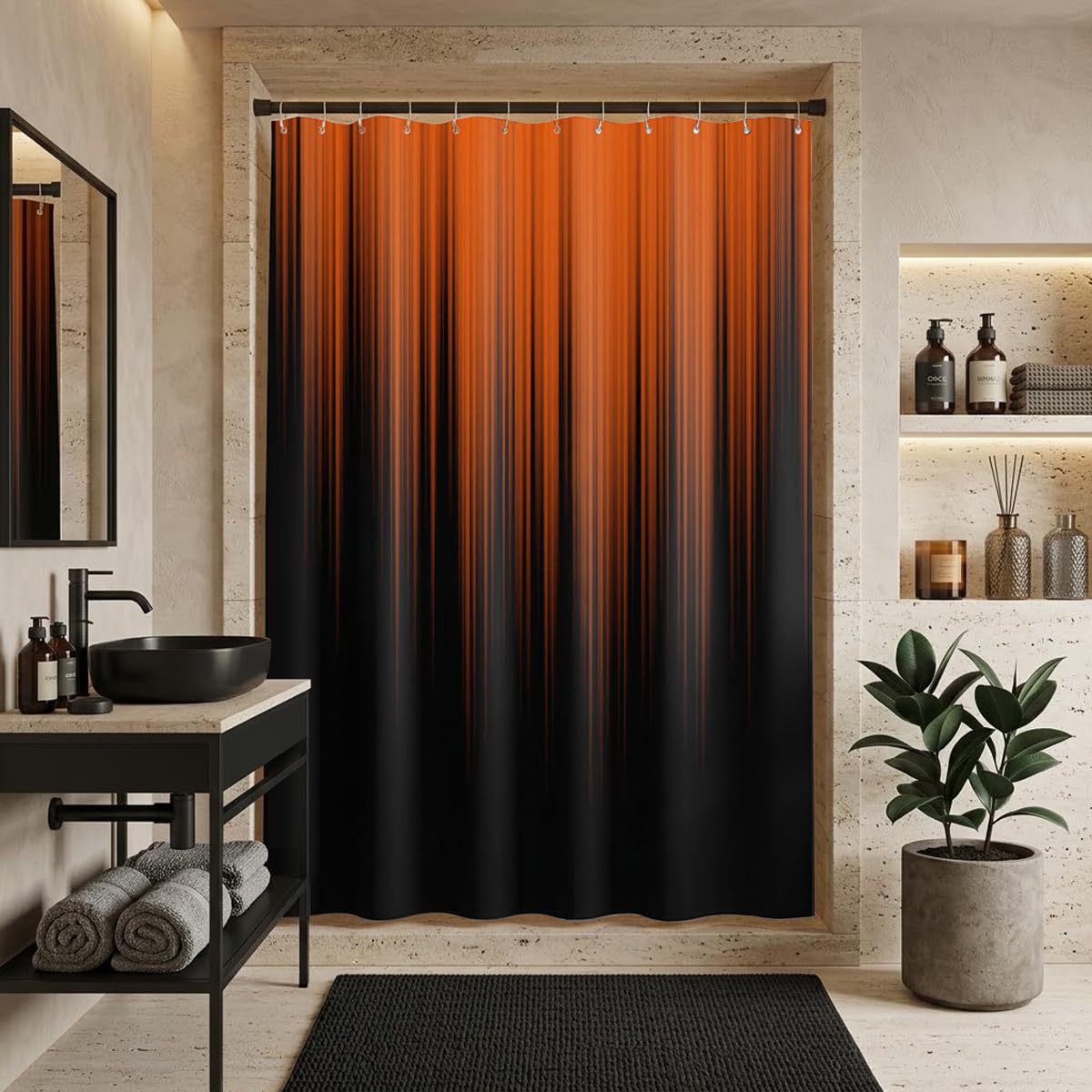 AAtter Orange Black Ombre Shower Curtain, Extra Long 72x84 Inch, 12 Hooks