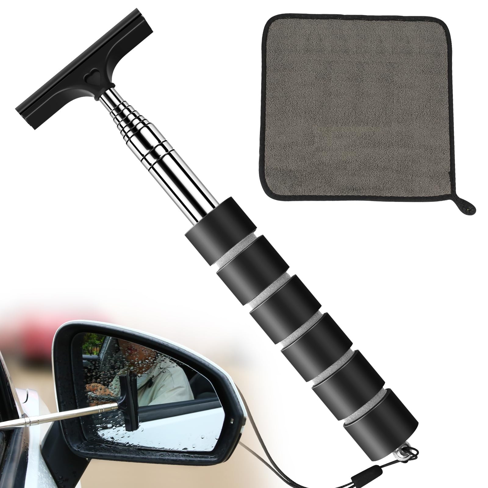 Small car Side Mirror Squeegee(38-inch), Retractable Long Handle Mini Windshield Cleaning Tool, Car Squeegee for Window Cleaning, (Retractable Wiper-Black+Towel)
