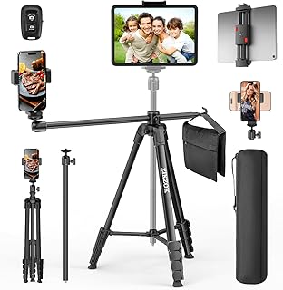 70" Phone Tripod & Selfie Stick, Horizontal Overhead Tripod, Extendable Camera Cell Phone Tripod Stand with Wireless Remote and Phone Holder for Filming Video Recording Live Stream