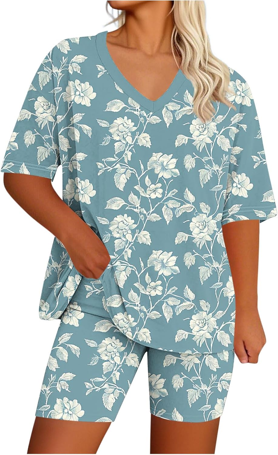 Women's Summer 2 Piece Outfits, Plus Size V Neck Short Sleeve Tshirt Matching Shorts Sweatsuit Lounge Sets