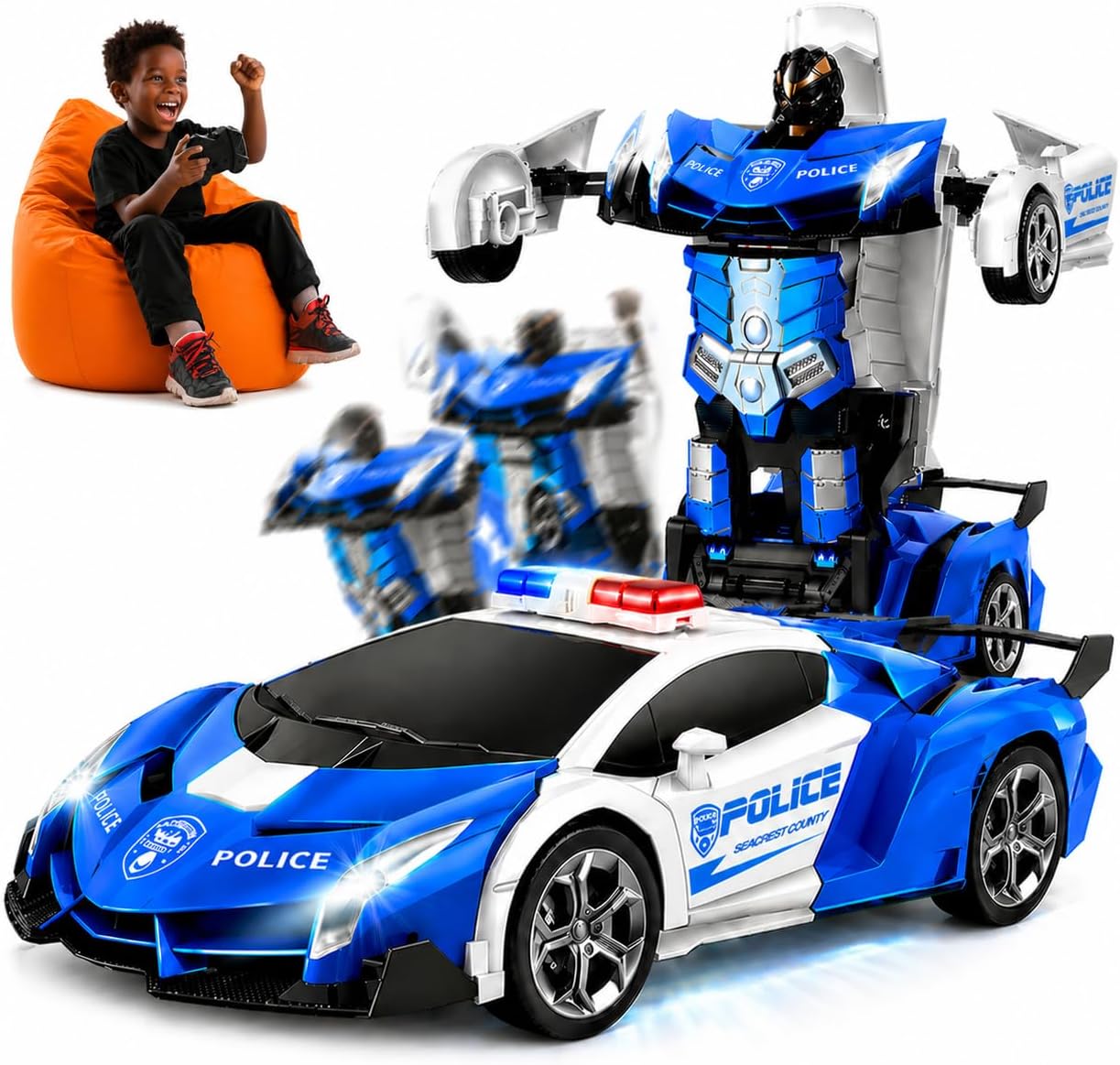 FIGROL Transform Car Robot, 1:18 Scale Transforming RC Car with One Button Transformation, Realistic Engine Sounds & 360° Speed Drifting, Blue&white, Unisex Children
