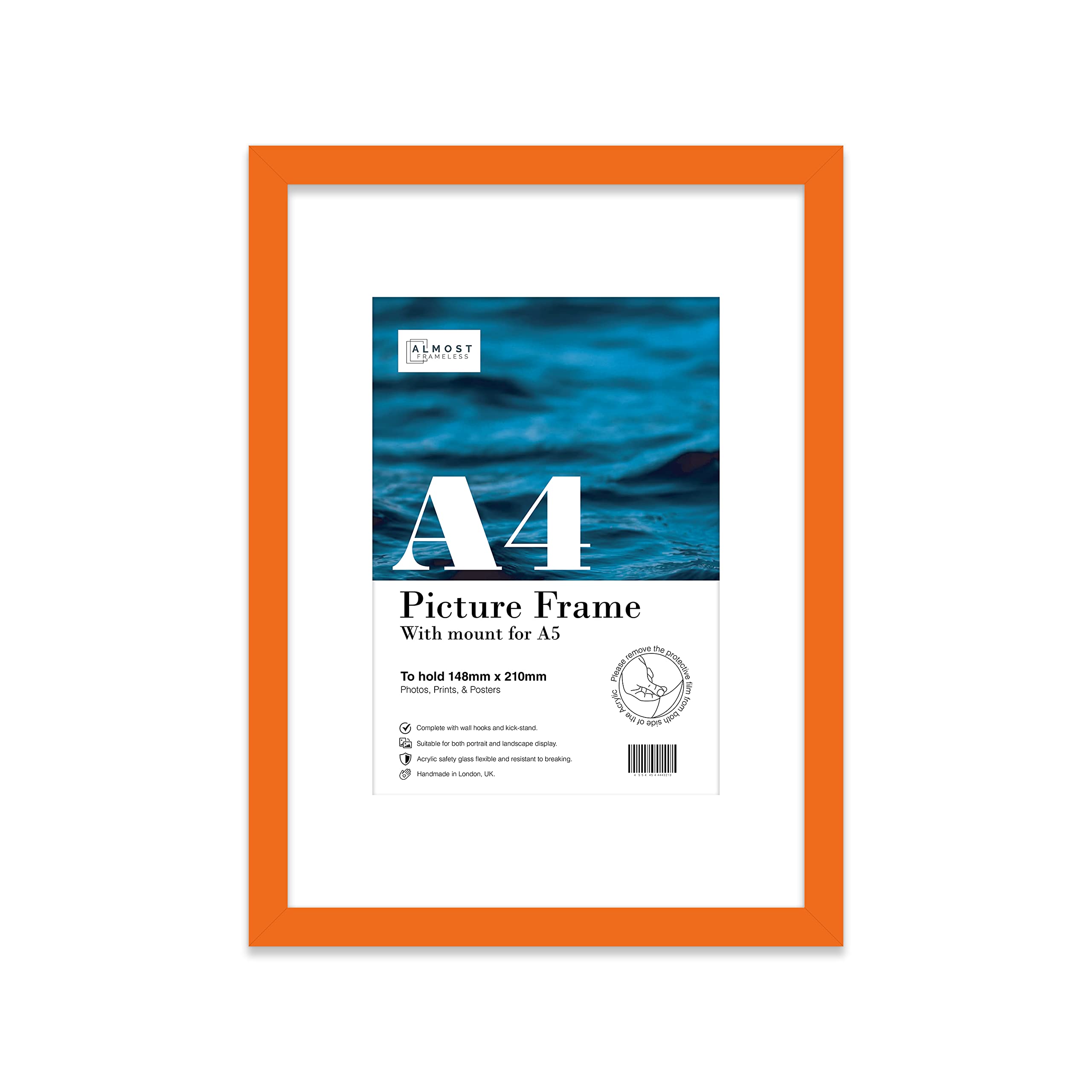 Almost Frameless A4 Orange Picture Frame With Mount for A5 (14.8 x 21cm - 5.8 x 8.3in) Poster, Photo, Artwork, or Print. Thin Edge Slim Frame Portrait and Landscape Display with Wall Hooks