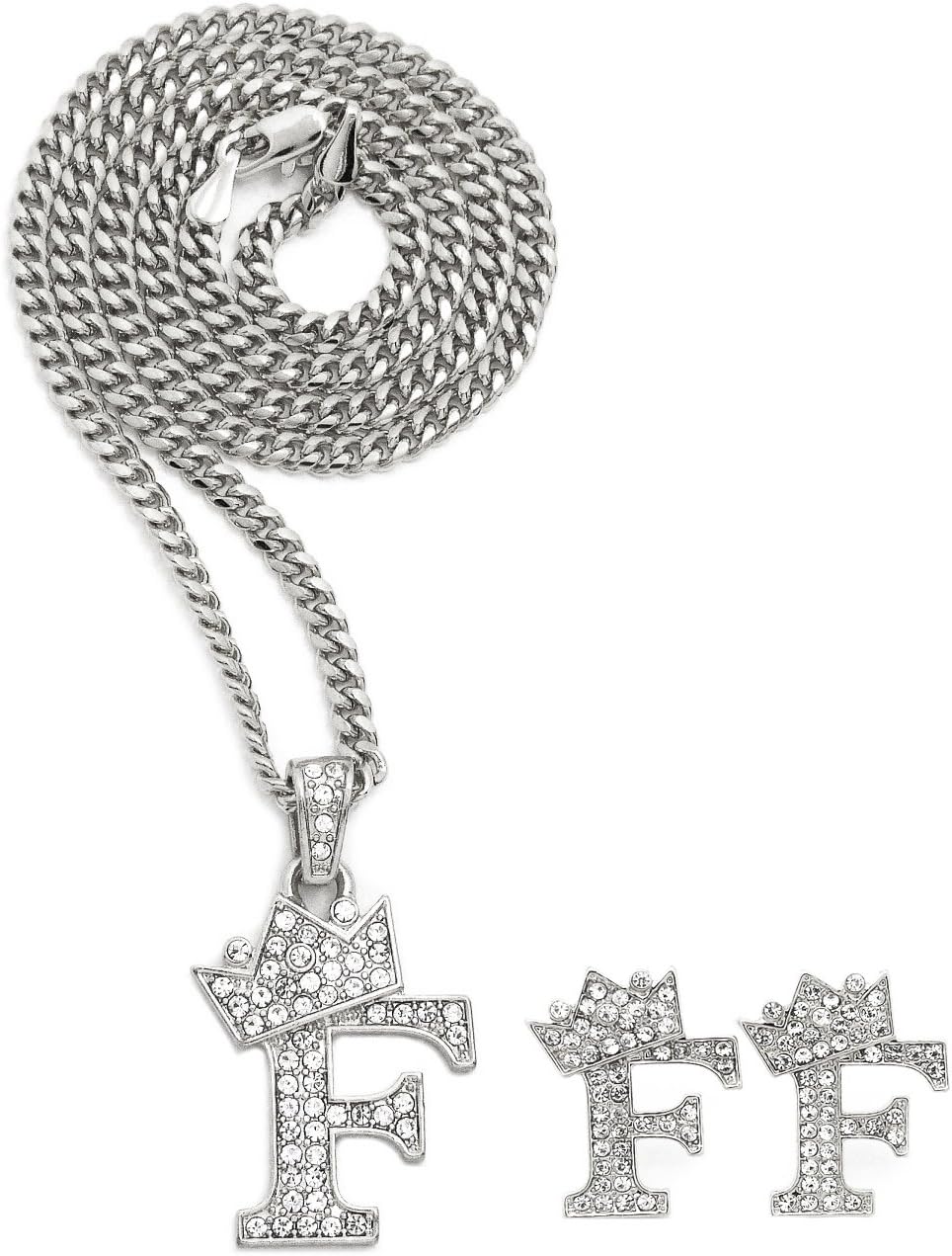 Fashion 21 Unisex Small Size Pave Initial Alphabet Letter Pendant 24" Cuban Chain Necklace & Earring Set (F Set/Silver)