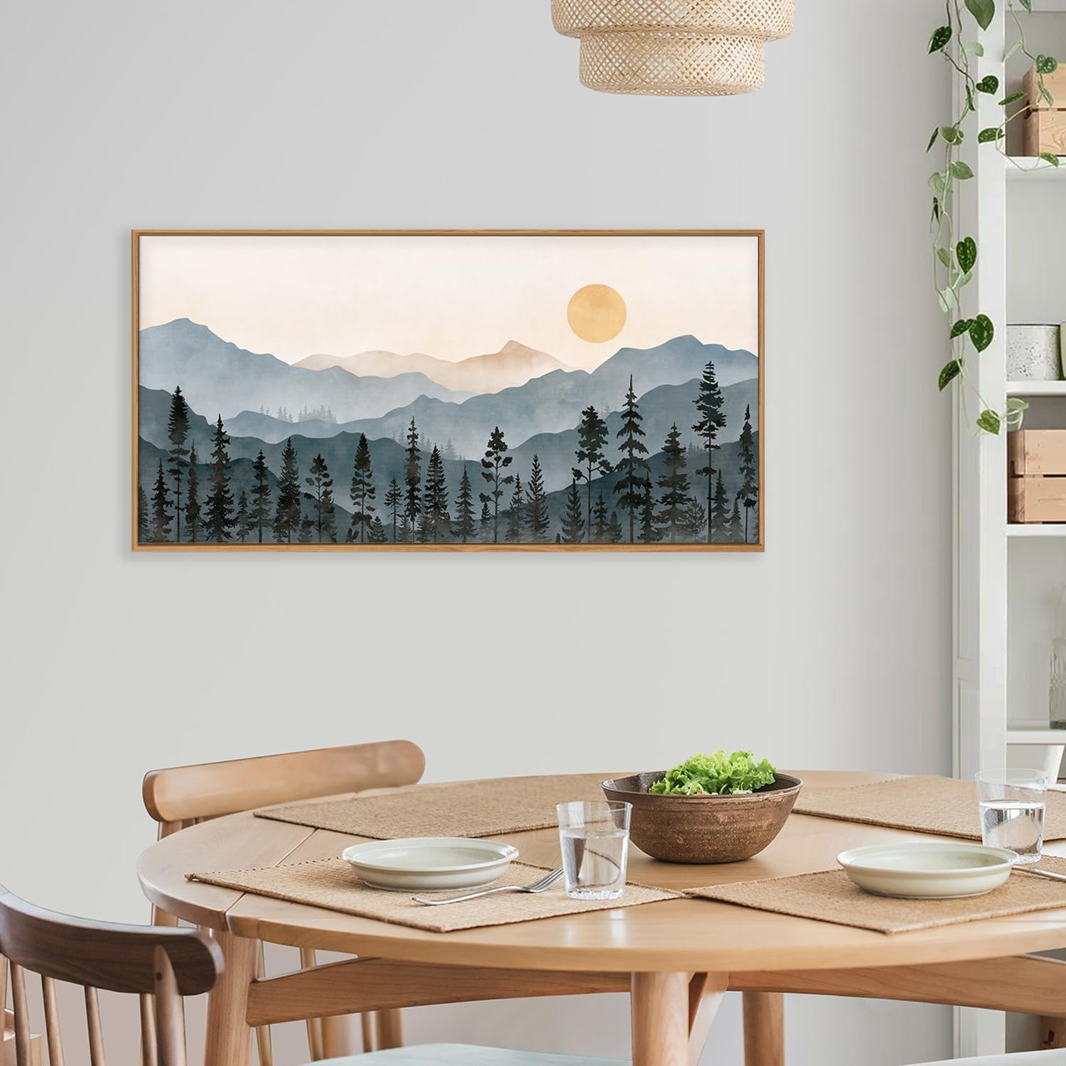 LHIUEM Large Mountain Tree Framed Canvas Wall Art Set,Modern White Forest Art Printing Country Minimalist Wood Wall Decor Farmhouse Zen Artwork for Living Room Bedroom Office-24x36x3