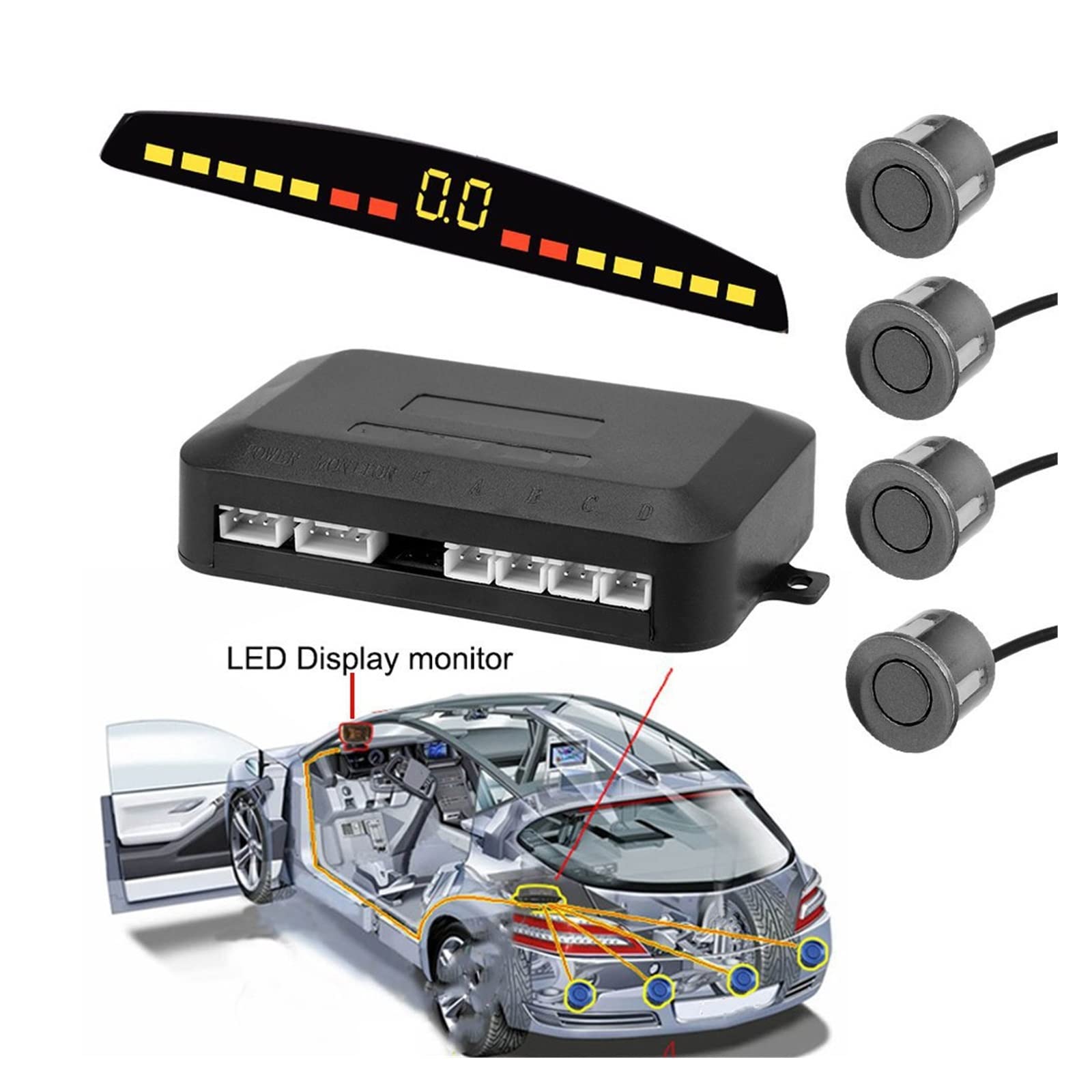 Détecteur de stationnement Automatique Parktronic, système de Surveillance Radar de recul Universel avec 4 capteurs LED et capteurs de Marche arrière.