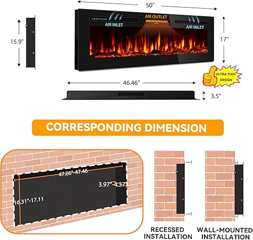 Miniatura 9 de Chimenea eléctrica de 60 pulgadas empotrada en la pared y montada en la pared, calentador lineal ultrafino de 7501500 W con llama realista,
