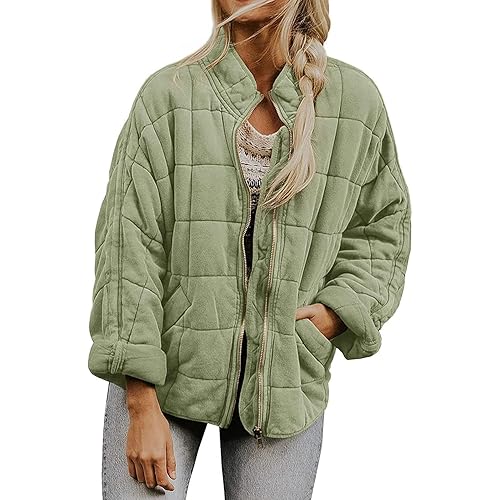 Quilted Jackets for Women Zip Up Plus Size Long Sleeve Coat Lightweight Puffer Jackets Loose Fit Winter Warm Outwear