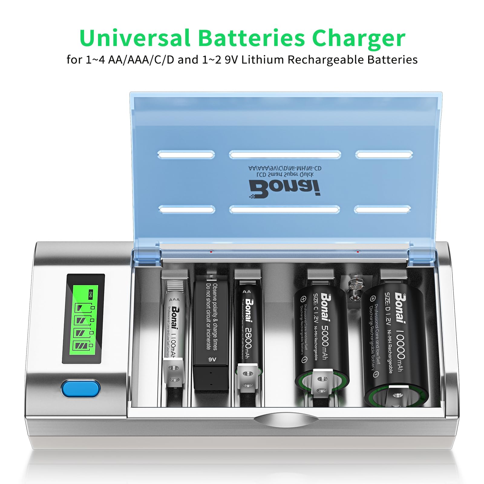 BONAI Universal Akkuladegerät für NI-MH AA AAA C D & Li-Ion 9V Batterien, Schnellladegerät mit LCD-Display & Entladefunktion, Einzelschachtüberwachung 4 Slots