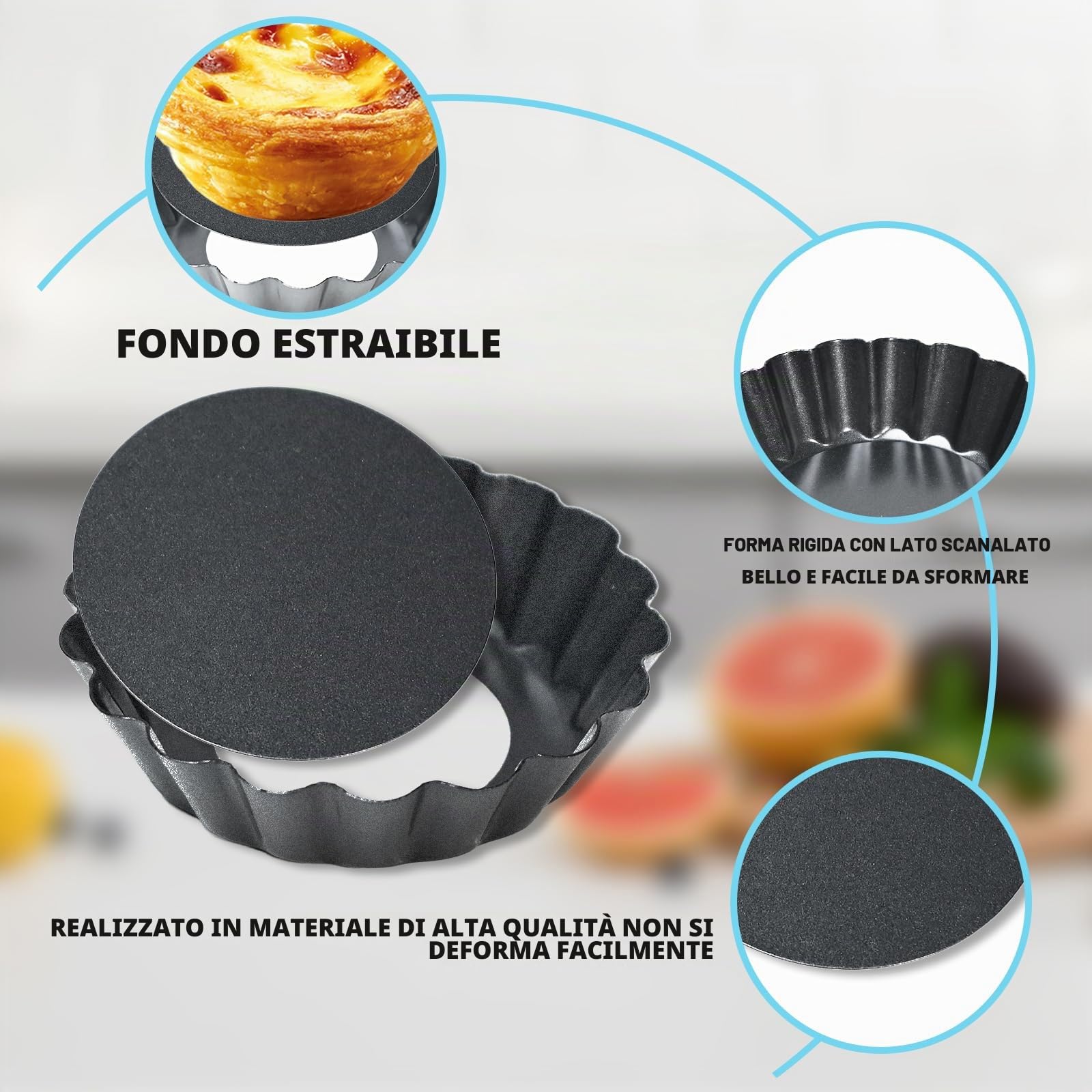 12 Pezzi Stampo Crostata Fondo Amovibile, Teglia per crostate 8cm/3 pollici, Stampi per Crostatine Acciaio al Carbonio, Antiaderenti Forme Per la Cottura di Dolci per Crostatine Pasticci