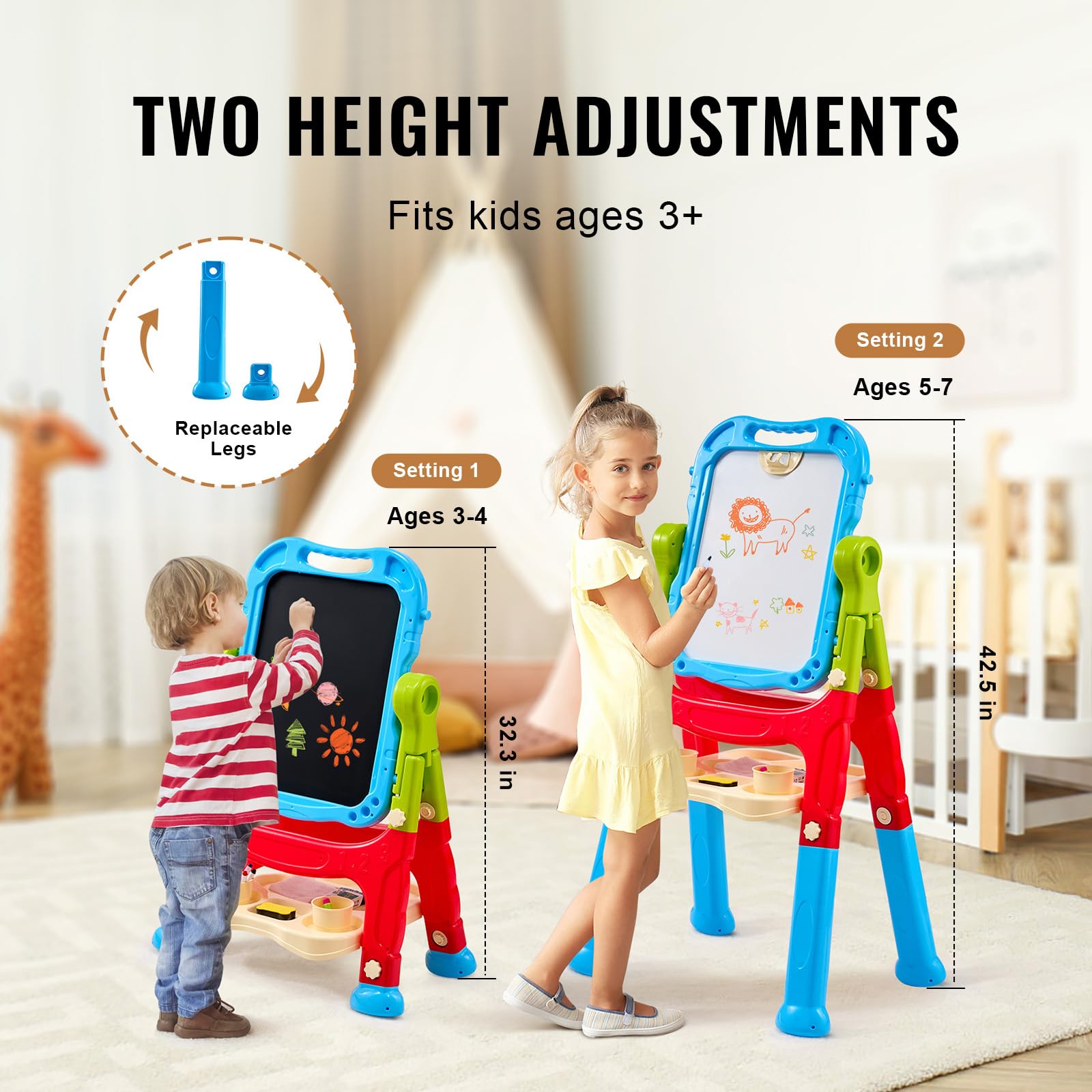 VEVOR Cavalletto da Disegno per Bambini 2 in 1 a Doppia Faccia con Lavagna Magnetica e Lavagna, Tavolo da Disegno Rimovibile Regolabile e Girevole con Accessori per Dipingere per Ragazzi e Ragazze