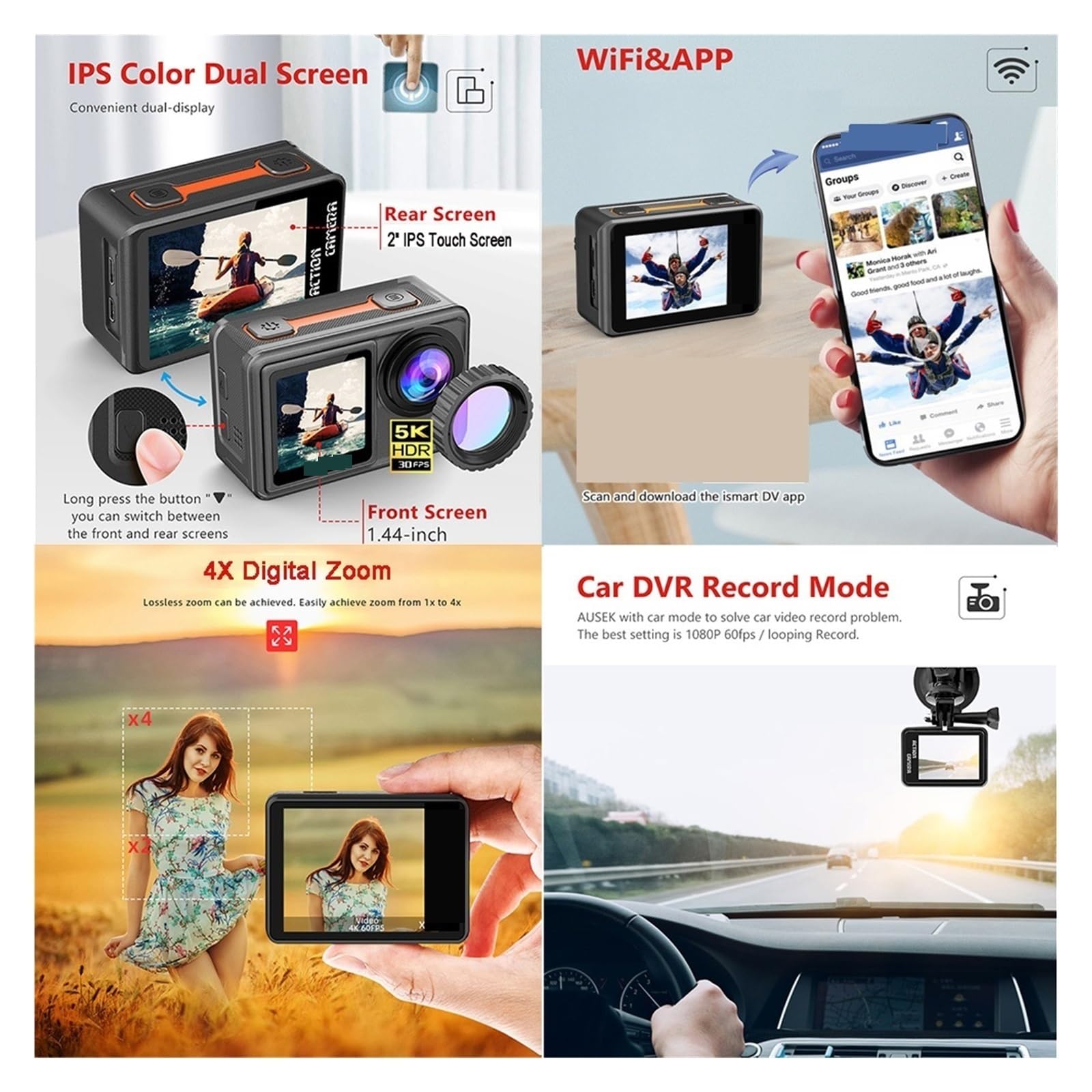 Macchina Fotografica d'azione Videocamera d'azione a Doppio Schermo Video EIS da 48 MP con Obiettivo Filtro Opzionale 1080P Webcam Vlog Sports Cam(Option3,5K Camera ADD 6 Lens)