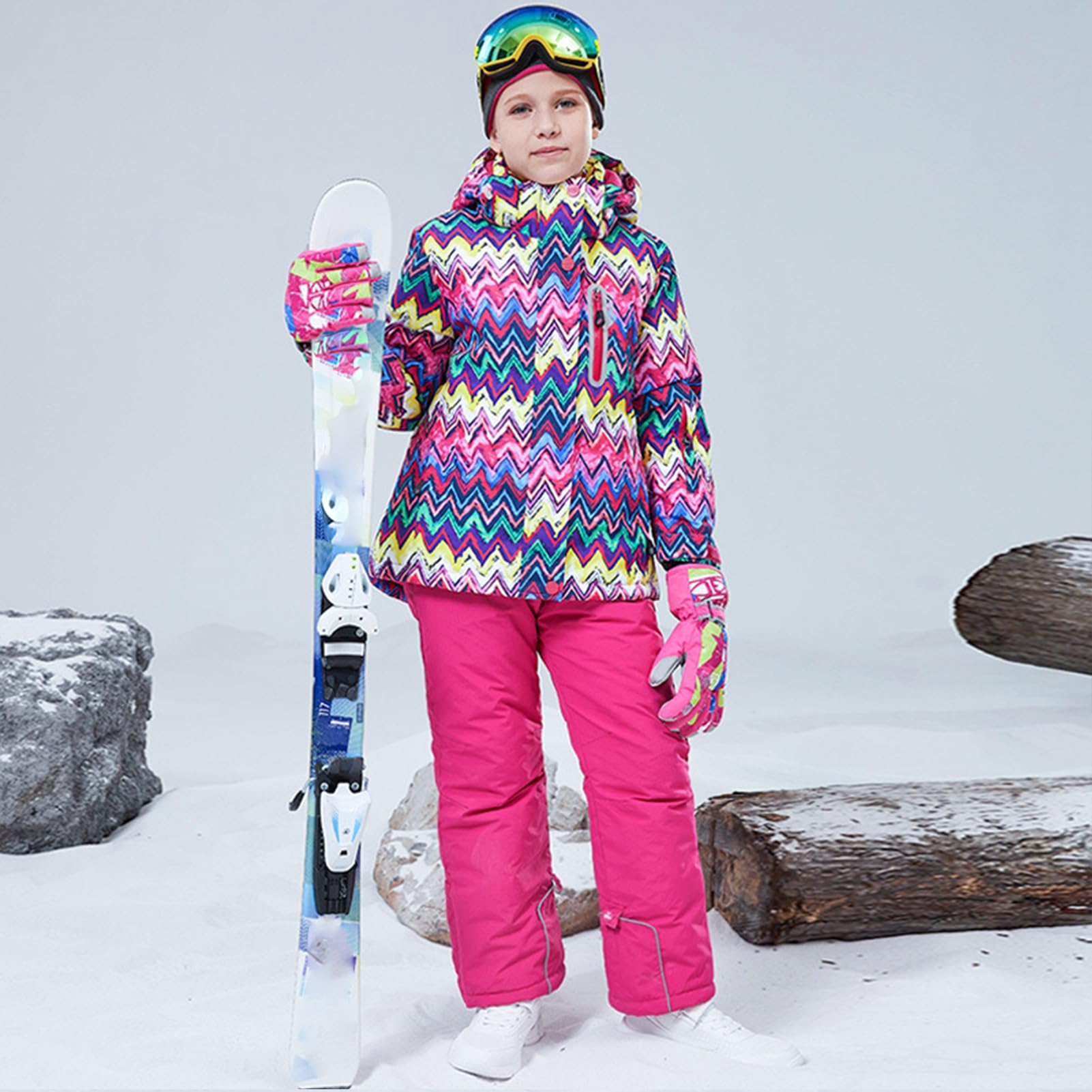 Conjunto de traje de esquí infantil de 2 piezas con capucha, traje de nieve impermeable a prueba de viento para niños y niñas, chaqueta de esquí cálida y pantalones de esquí, color morado