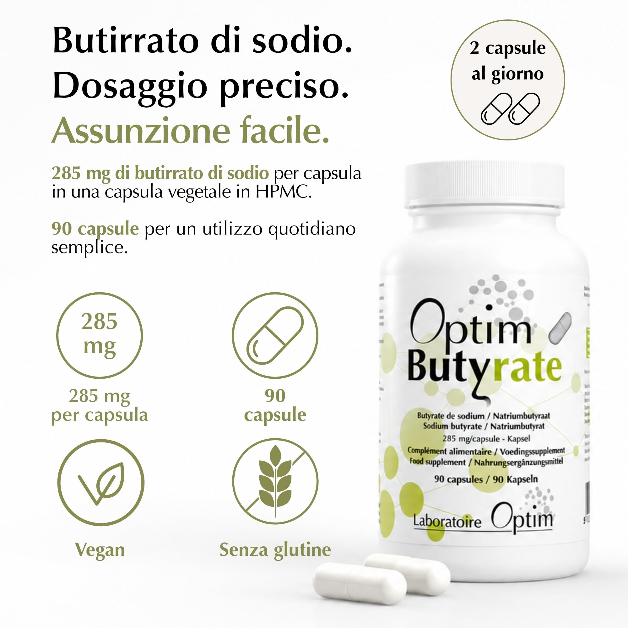 OPTIM Butyrate Integratore Butirrato di Sodio, Pack 4 x 90 Capsule | Acido Butirrico, Microincapsulato Lento Rilascio nel Intestino, Colon Transito Intestinale, Altamente Dosato, Vegano