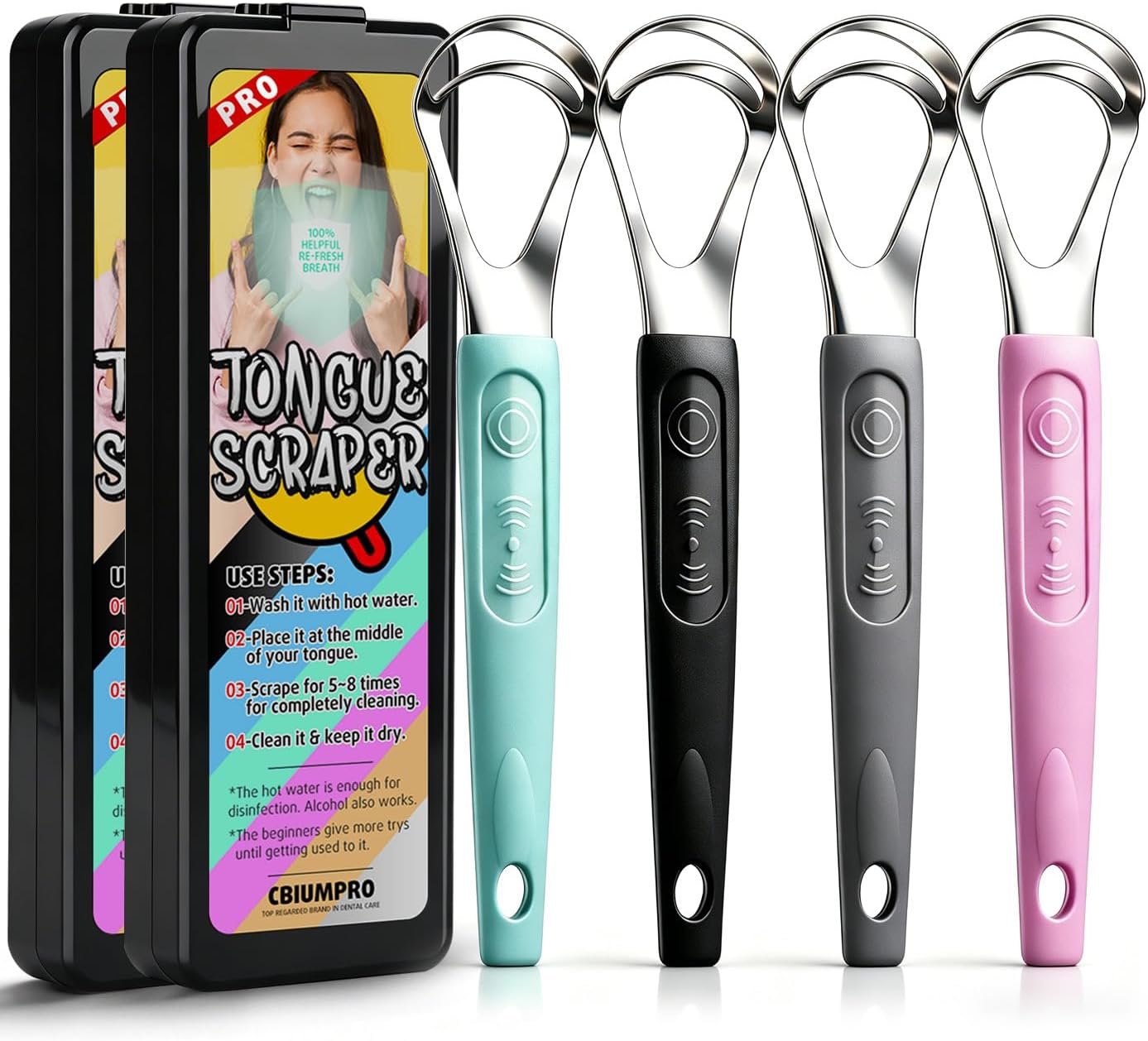 Cbiumpro 4-Pack Tongue Scraper for Kids & Adults, Stainless Steel Tongue Cleaner with Travel Case, Reduce Bad Breath